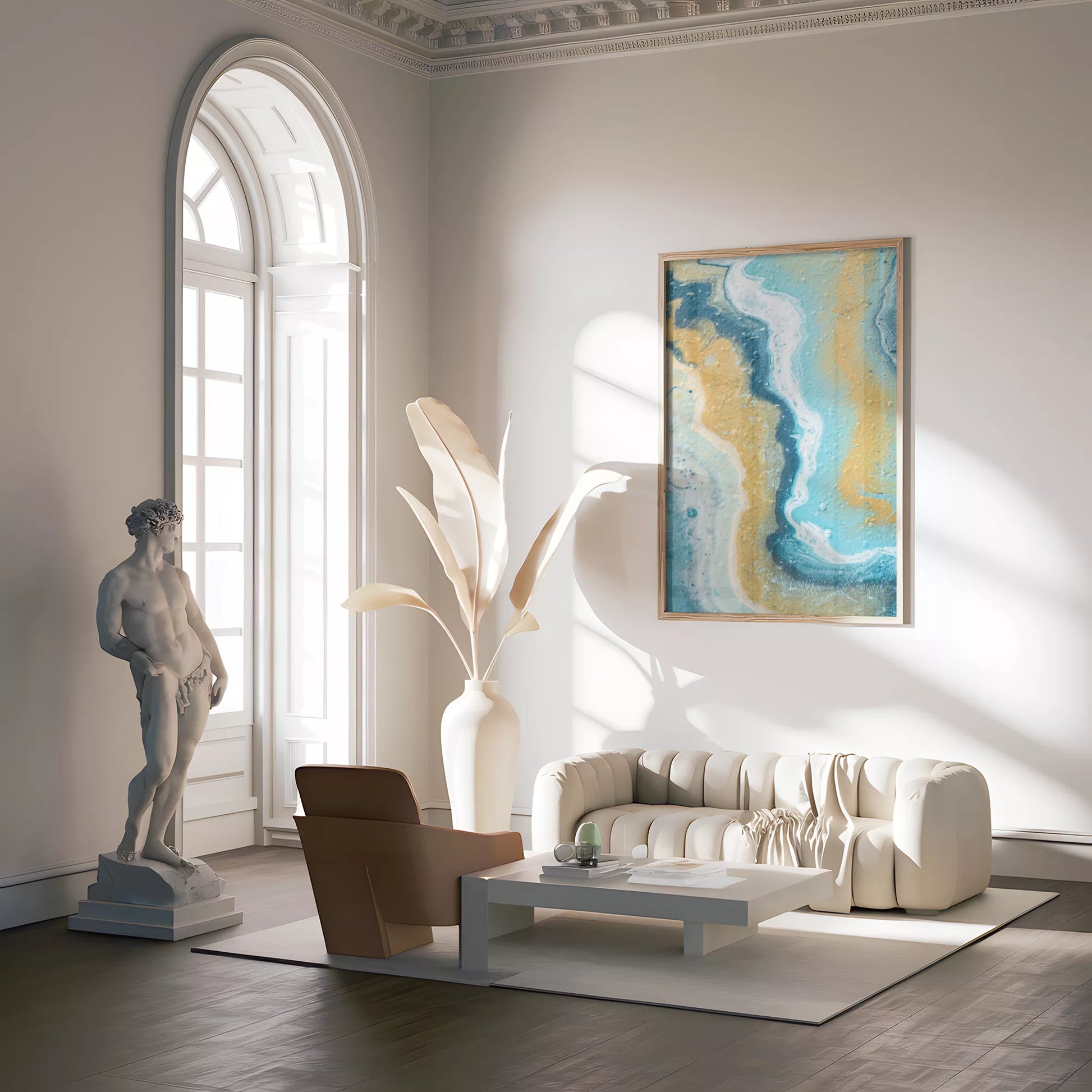 抽象画ブルーとゴールドのモダンアートポスター