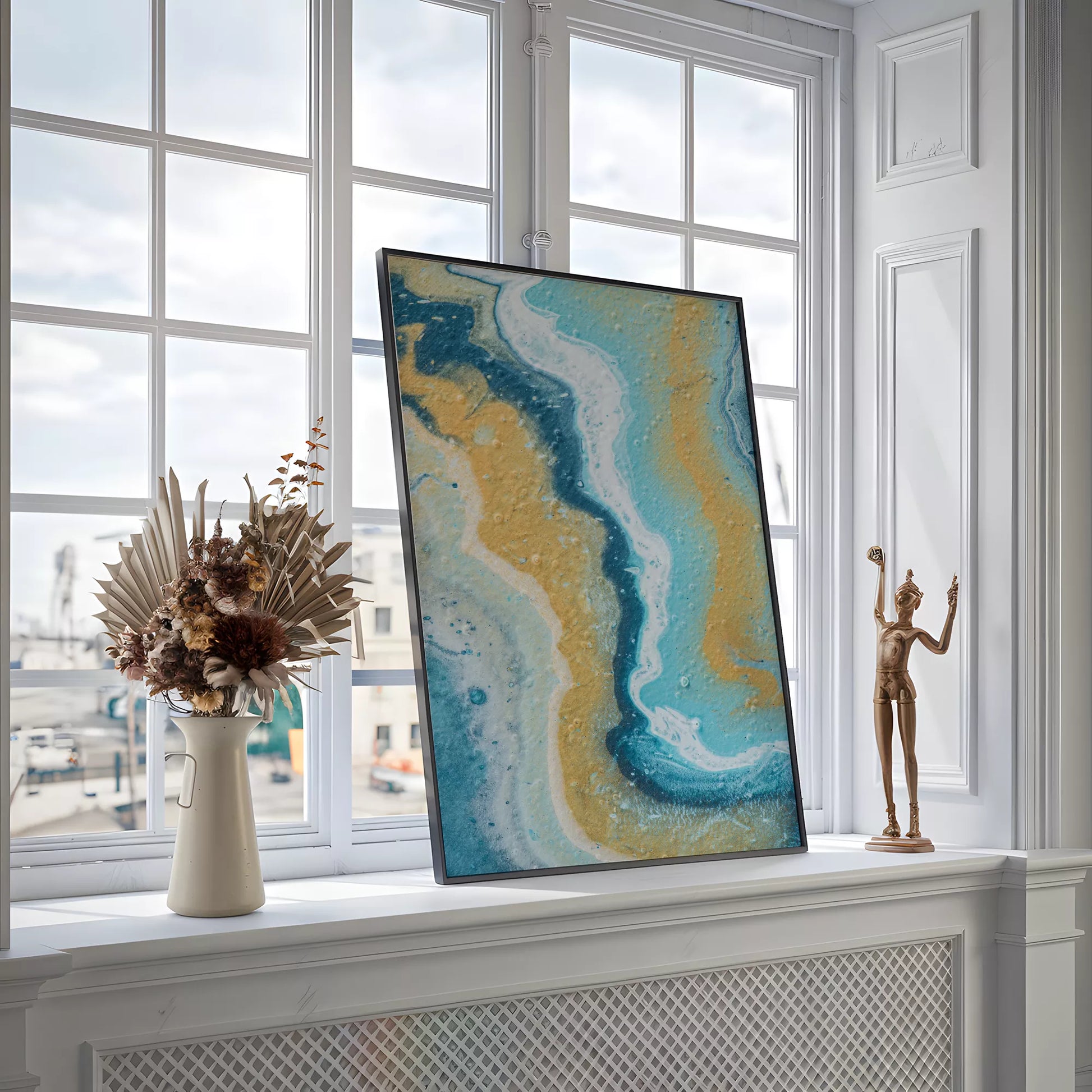 抽象画ブルーとゴールドのモダンアートポスター