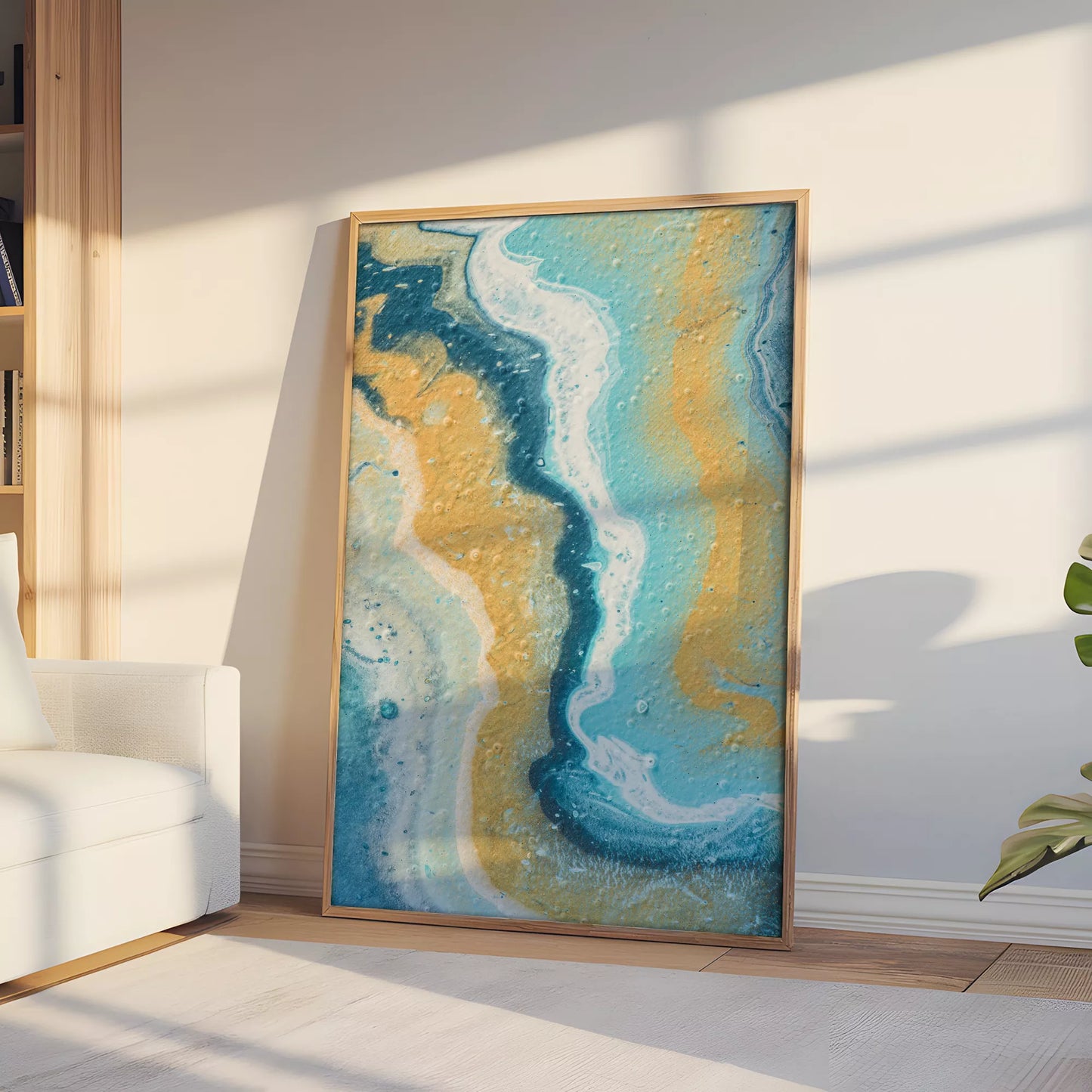 抽象画ブルーとゴールドのモダンアートポスター