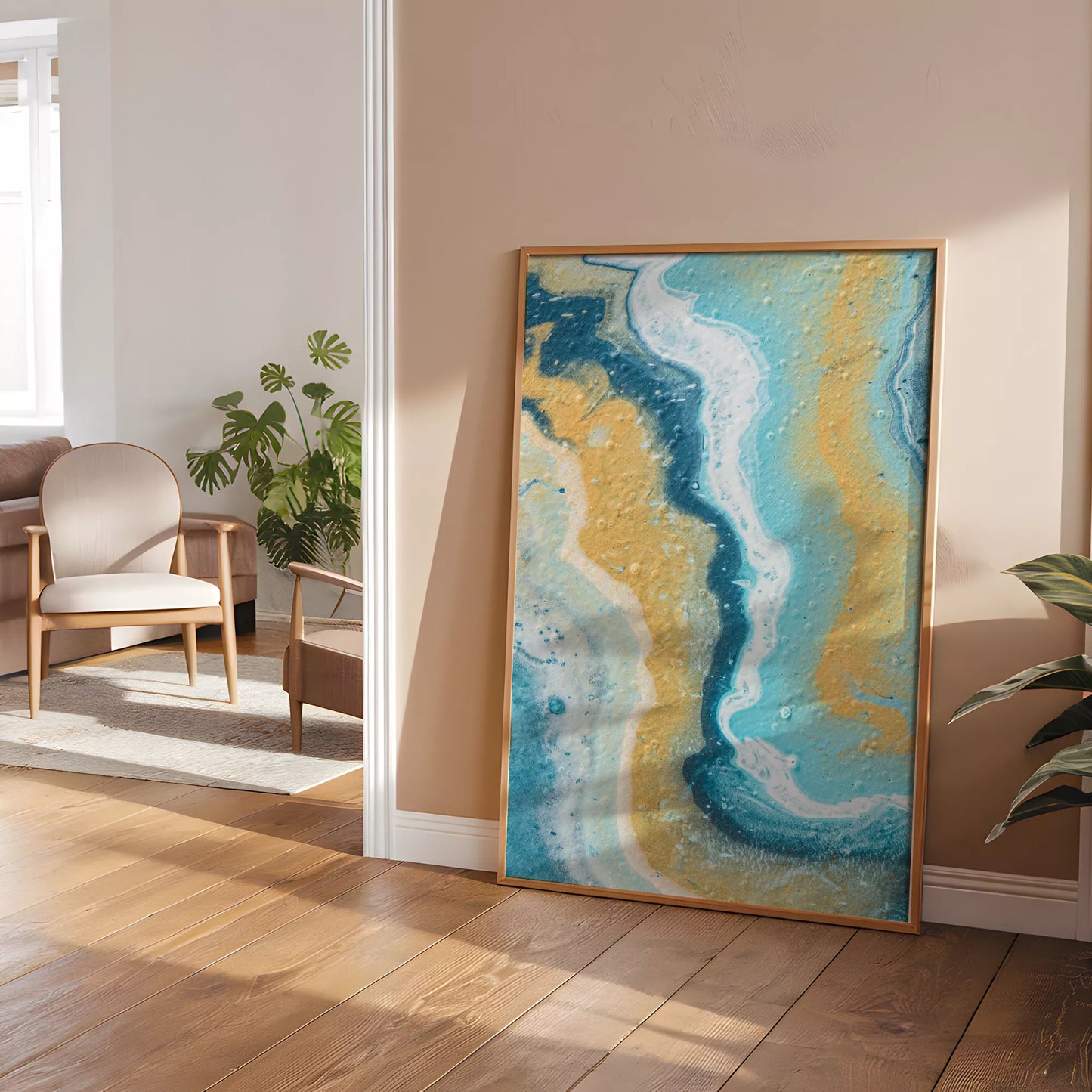 抽象画ブルーとゴールドのモダンアートポスター