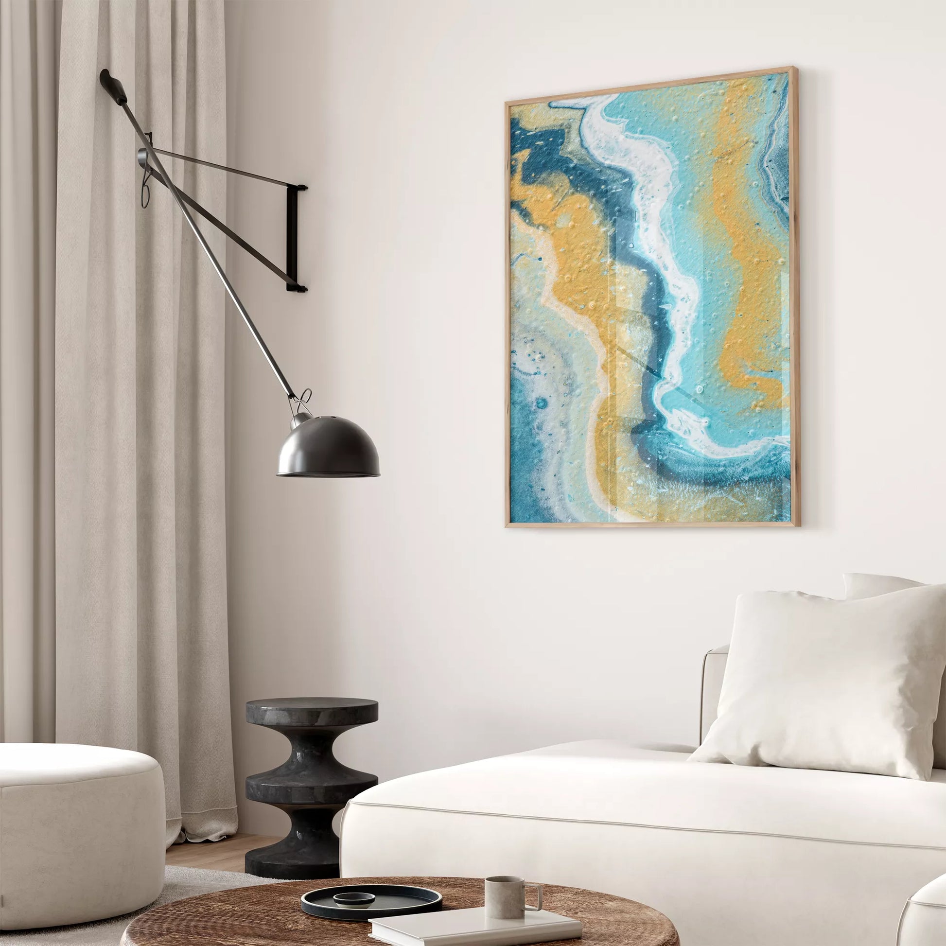 抽象画ブルーとゴールドのモダンアートポスター