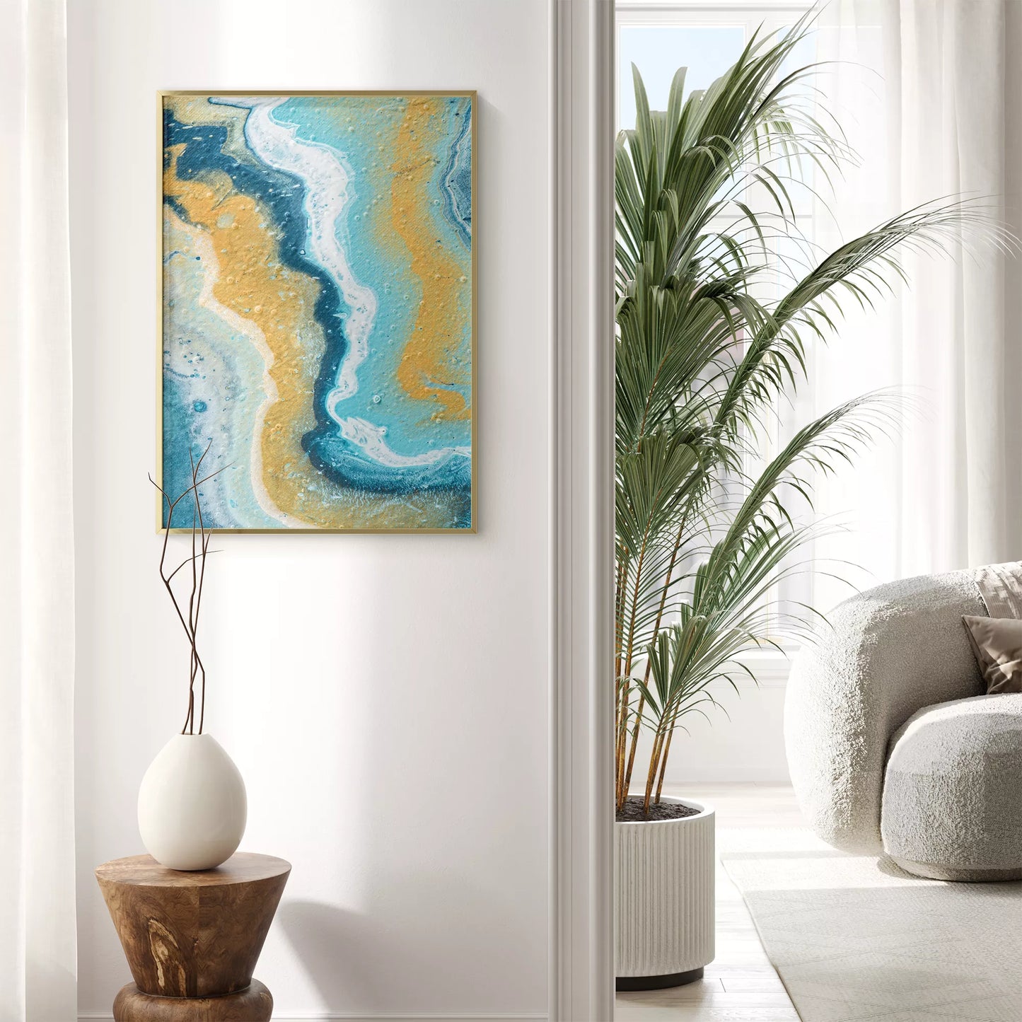 抽象画ブルーとゴールドのモダンアートポスター