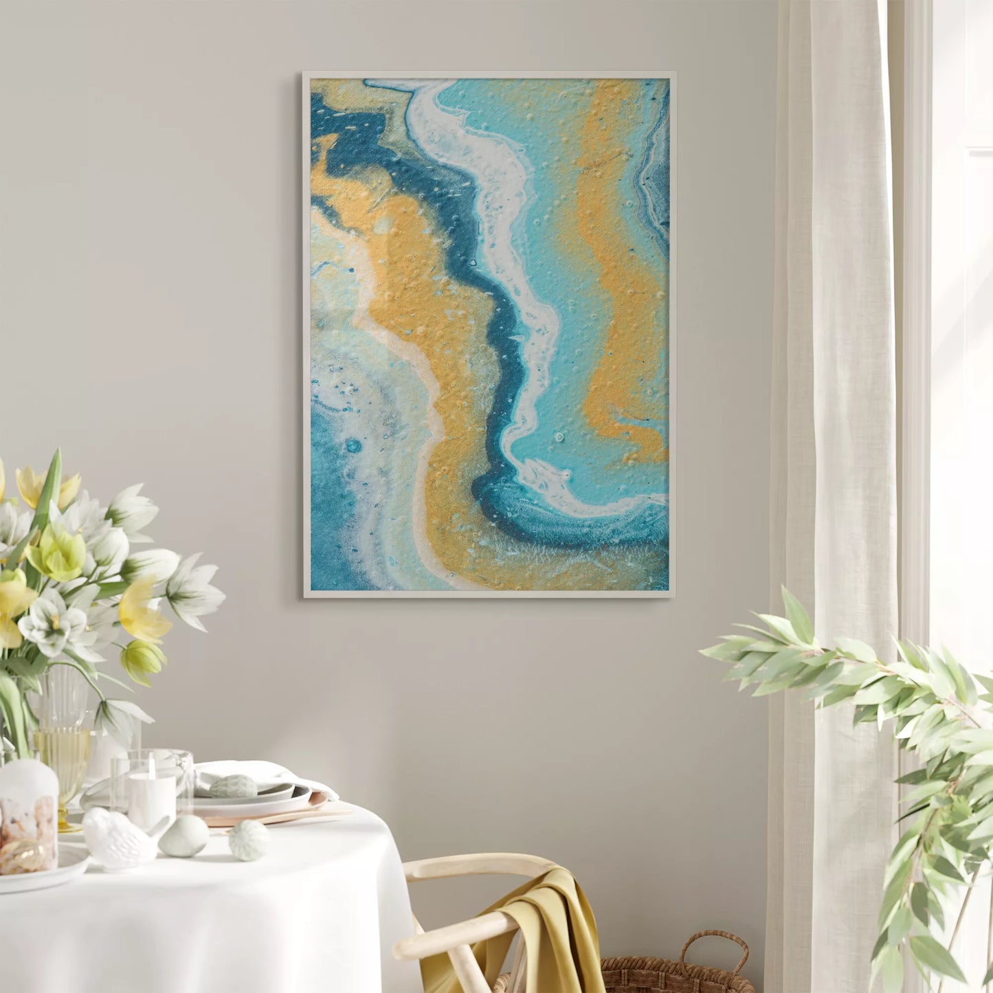 抽象画ブルーとゴールドのモダンアートポスター