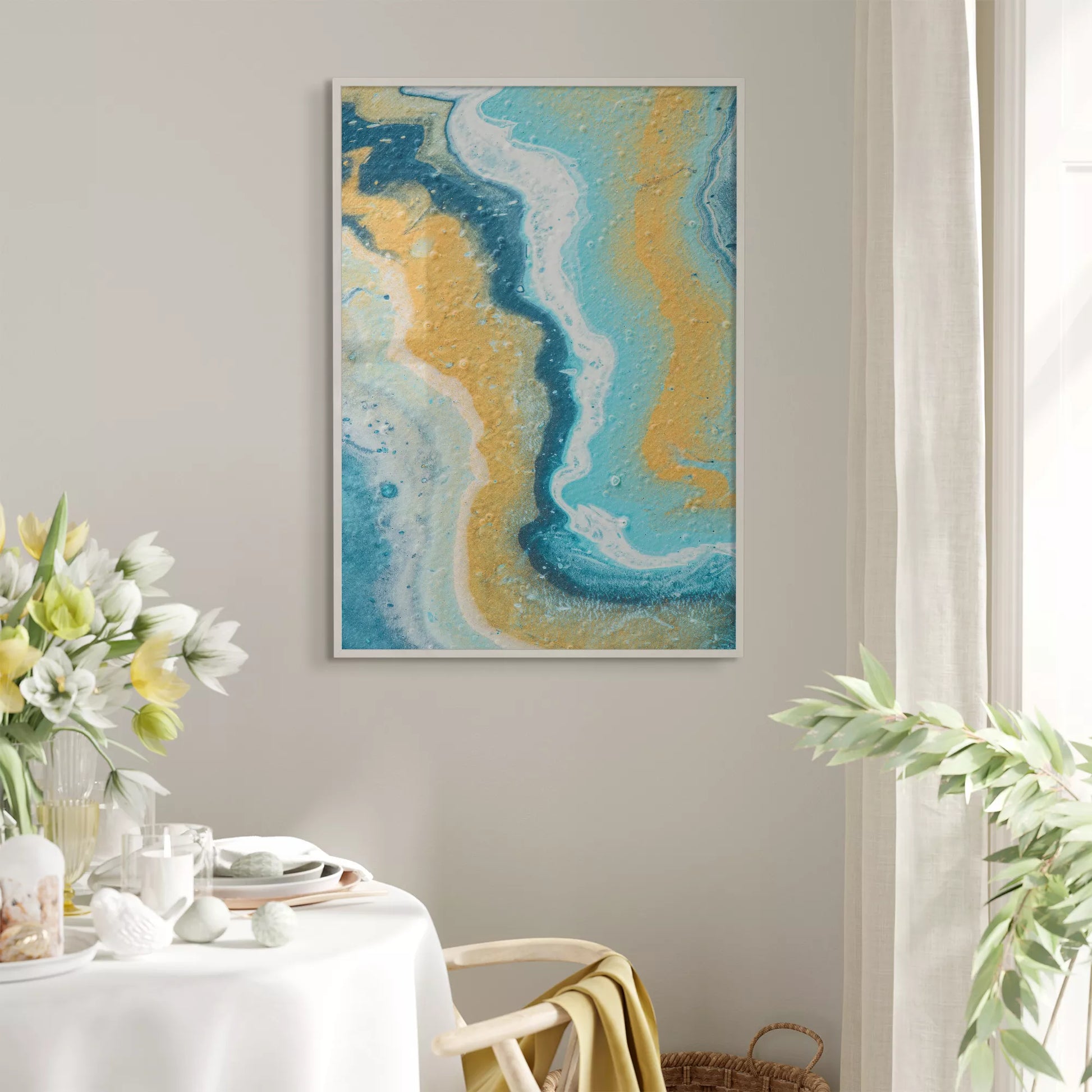 抽象画ブルーとゴールドのモダンアートポスター