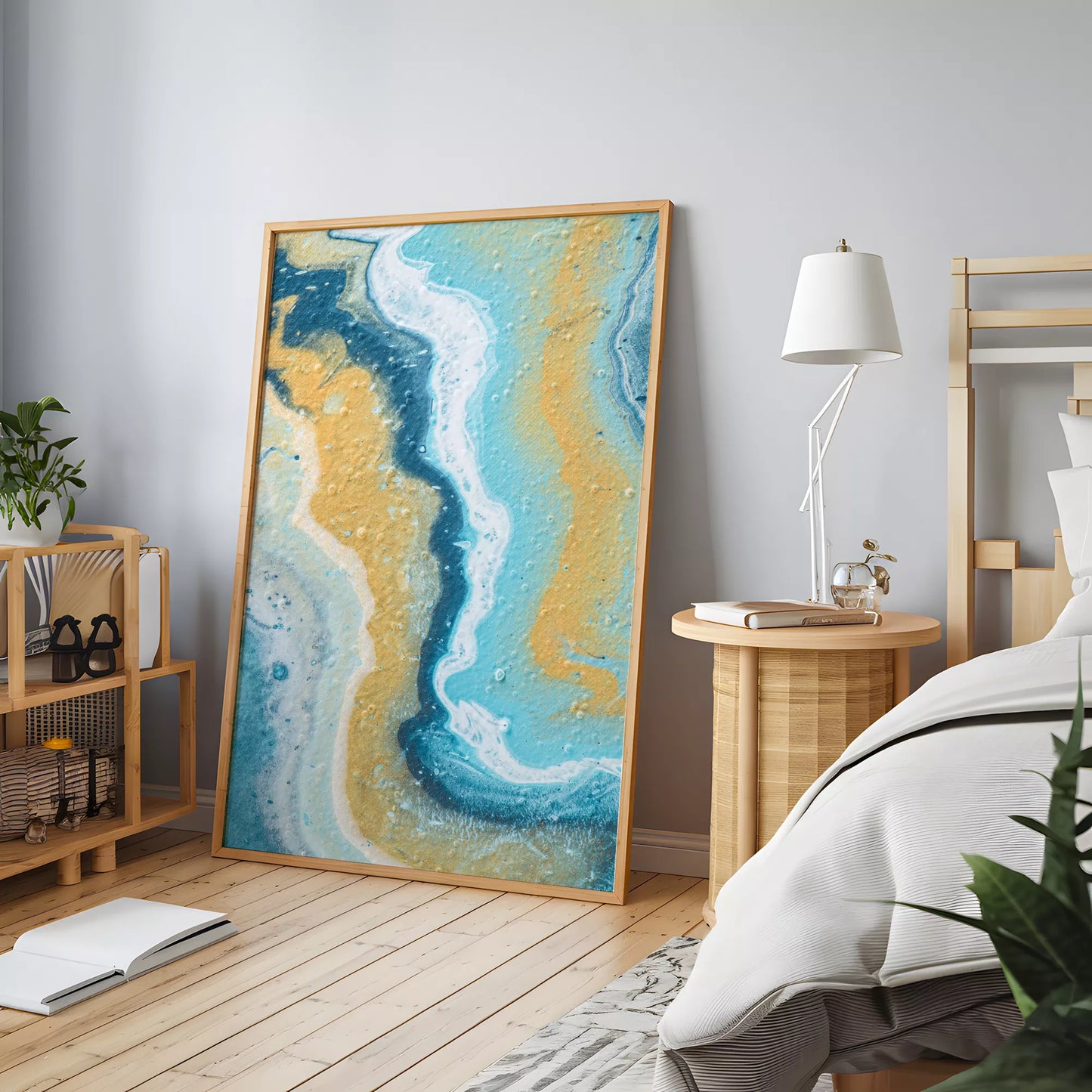 抽象画ブルーとゴールドのモダンアートポスター