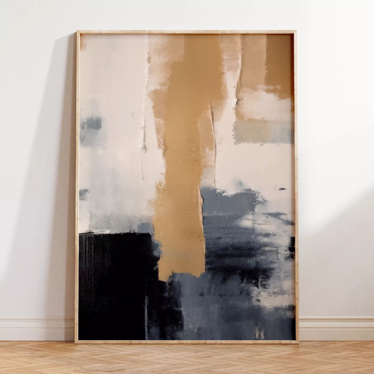 抽象画のモダンなデザイン、ベージュとネイビーの調和