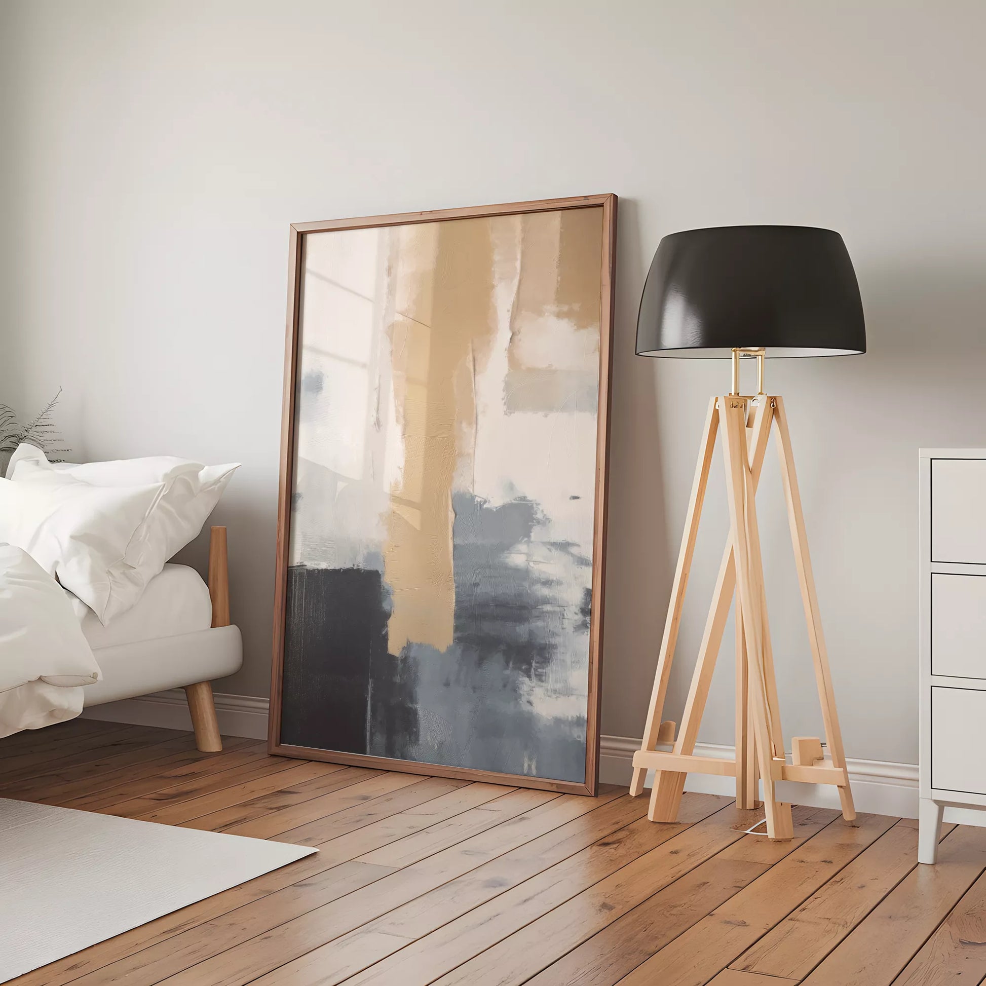 抽象画のモダンなデザイン、ベージュとネイビーの調和