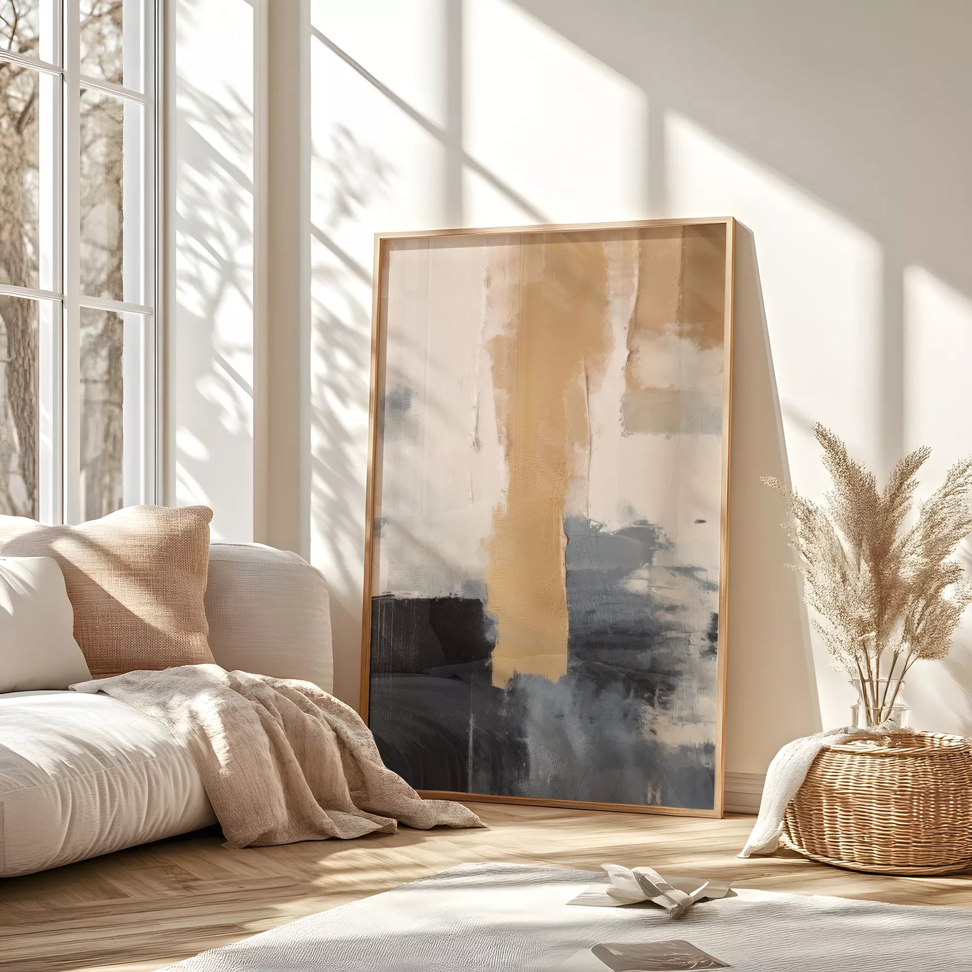 抽象画のモダンなデザイン、ベージュとネイビーの調和