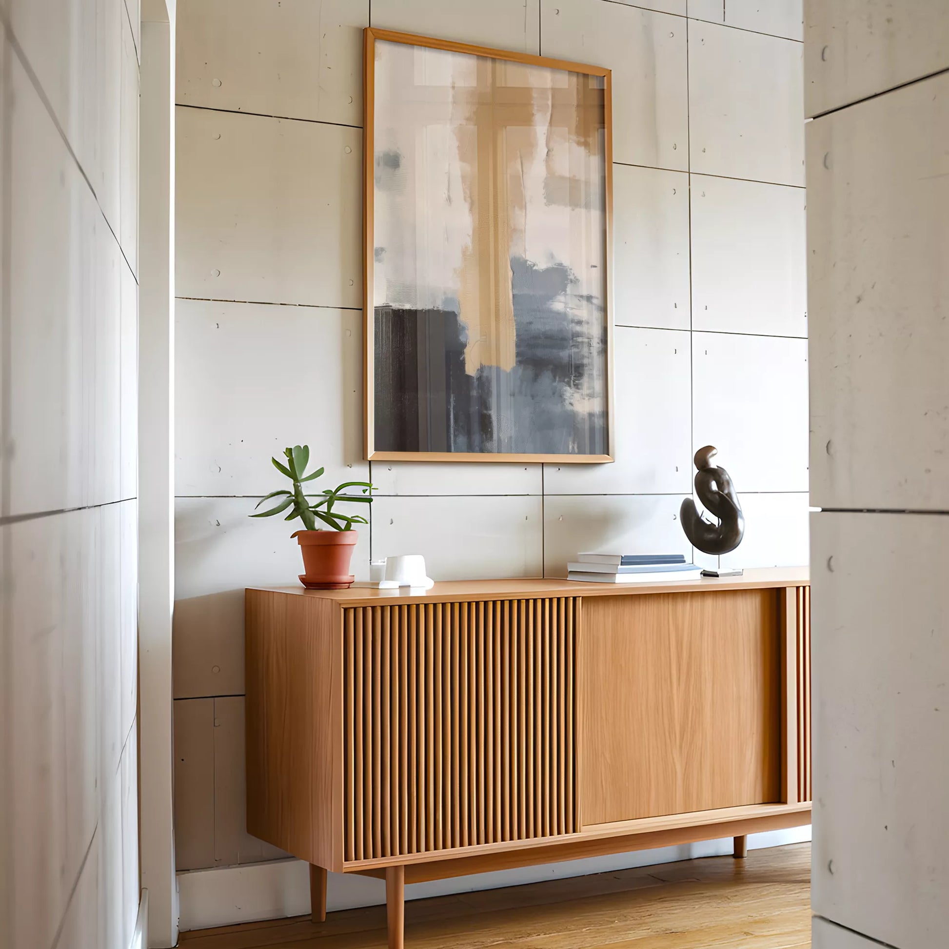 抽象画のモダンなデザイン、ベージュとネイビーの調和