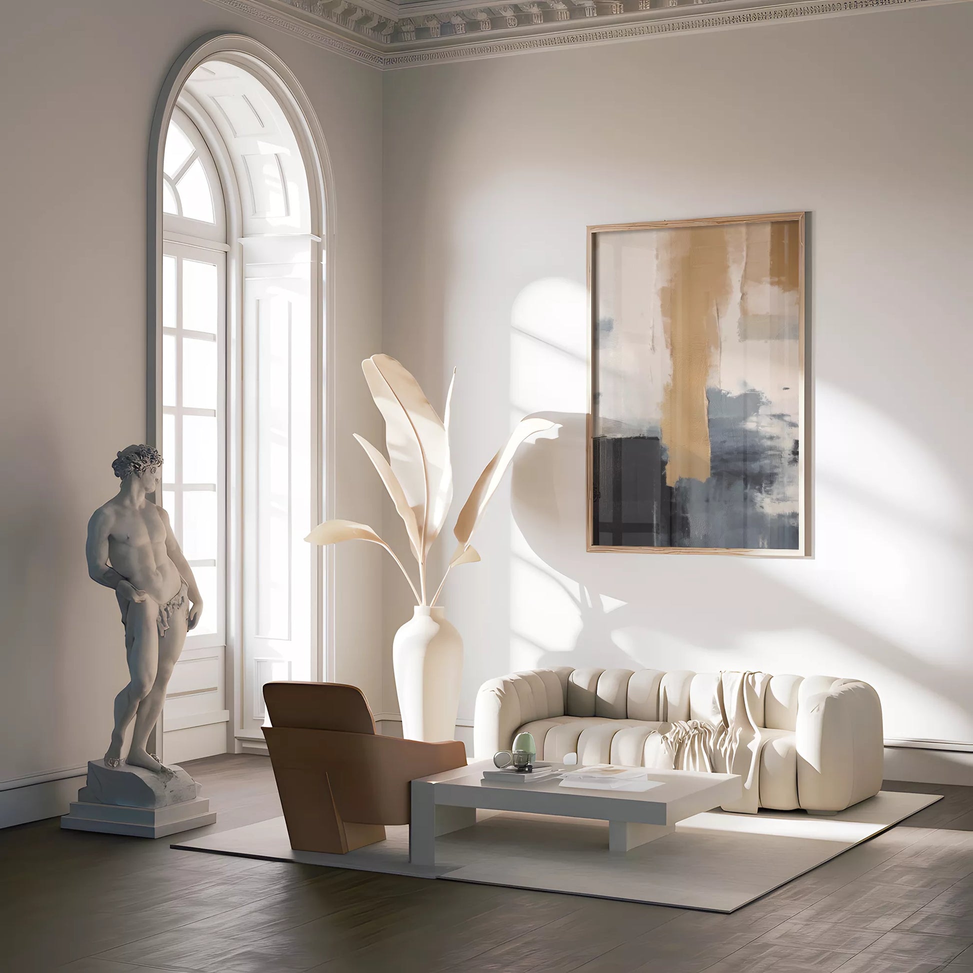 抽象画のモダンなデザイン、ベージュとネイビーの調和