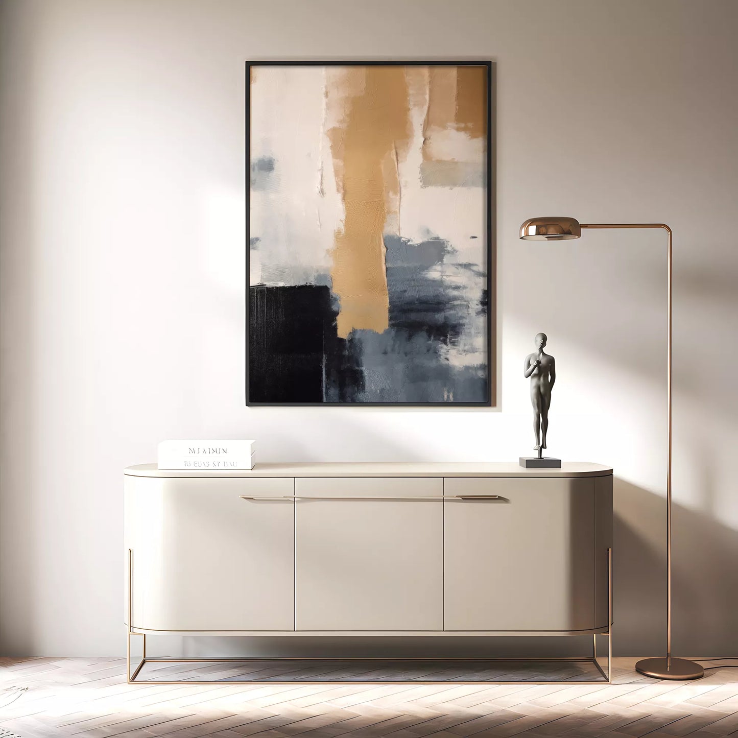 抽象画のモダンなデザイン、ベージュとネイビーの調和