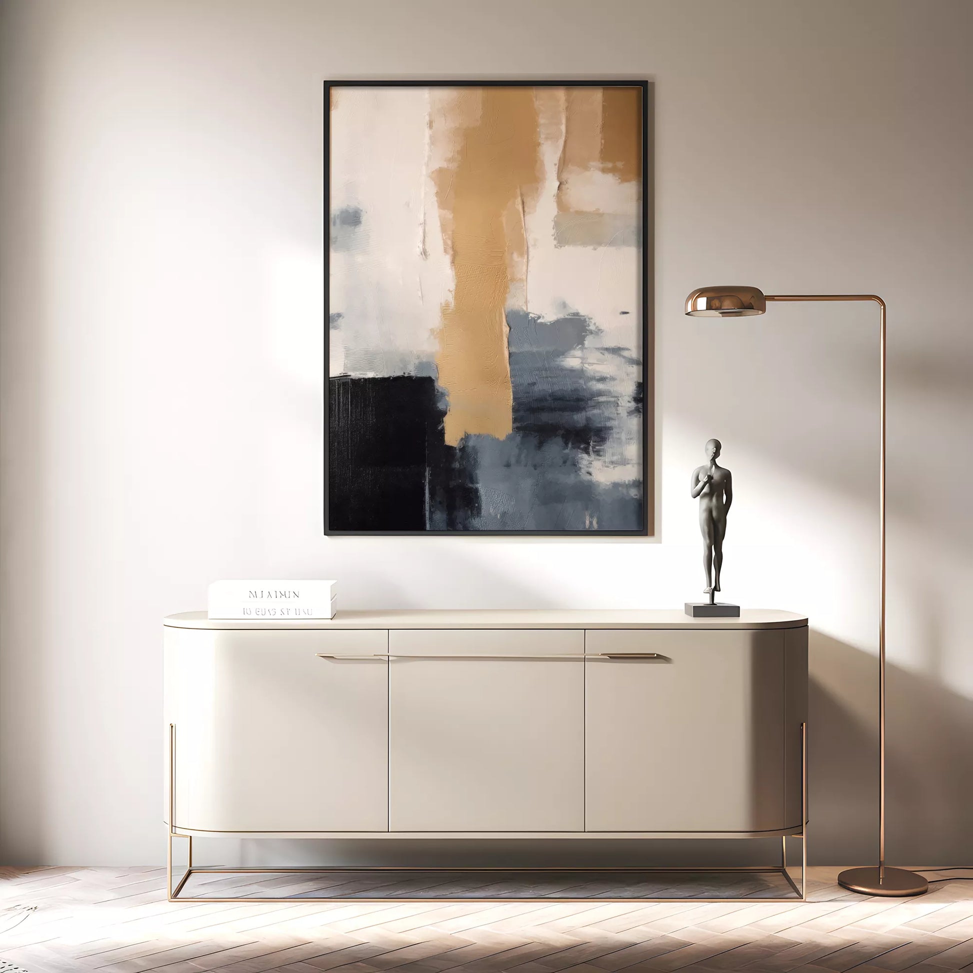 抽象画のモダンなデザイン、ベージュとネイビーの調和