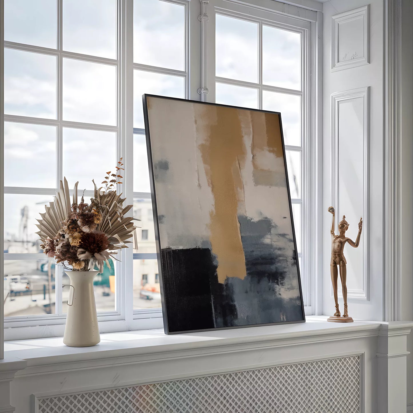 抽象画のモダンなデザイン、ベージュとネイビーの調和