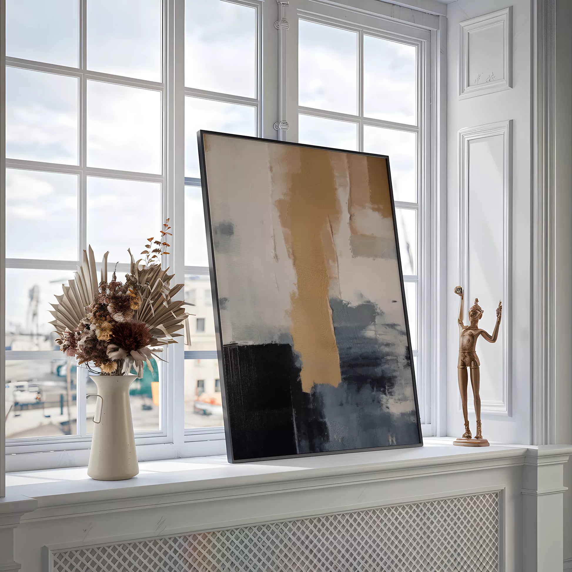 抽象画のモダンなデザイン、ベージュとネイビーの調和