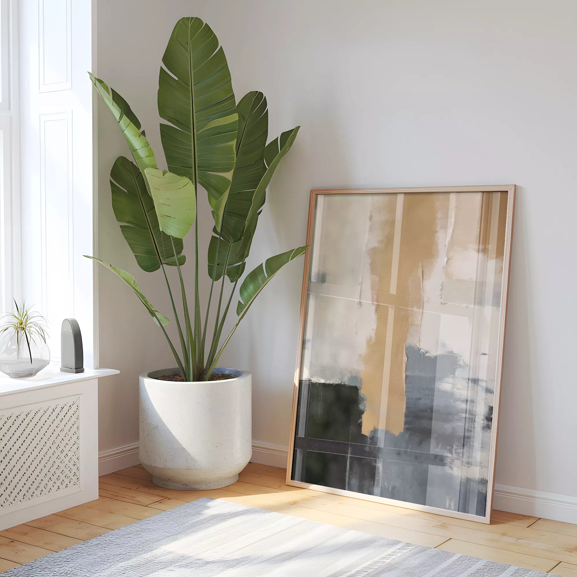 抽象画のモダンなデザイン、ベージュとネイビーの調和