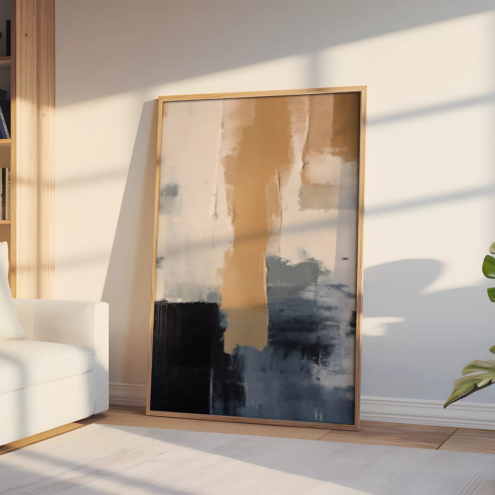 抽象画のモダンなデザイン、ベージュとネイビーの調和