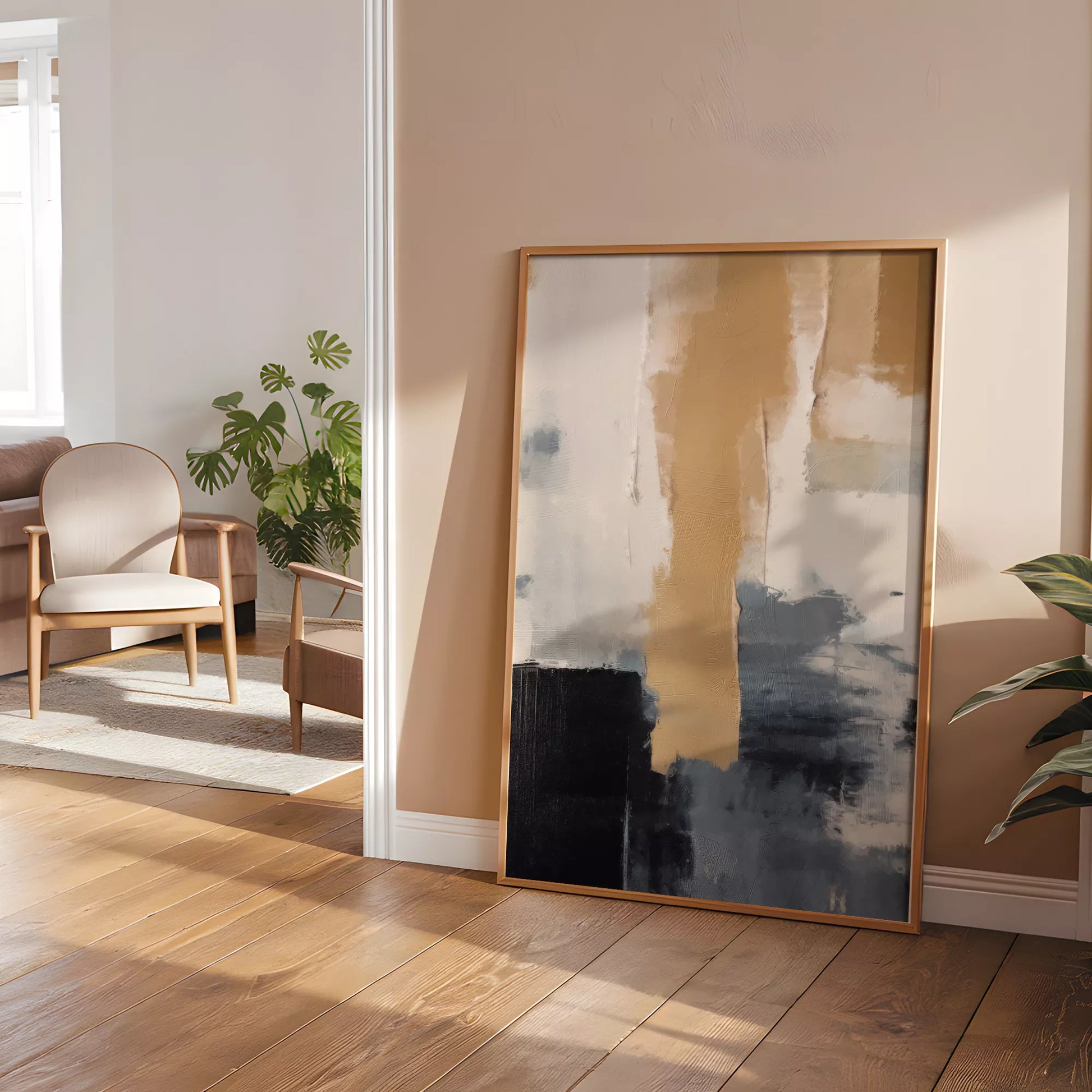 抽象画のモダンなデザイン、ベージュとネイビーの調和