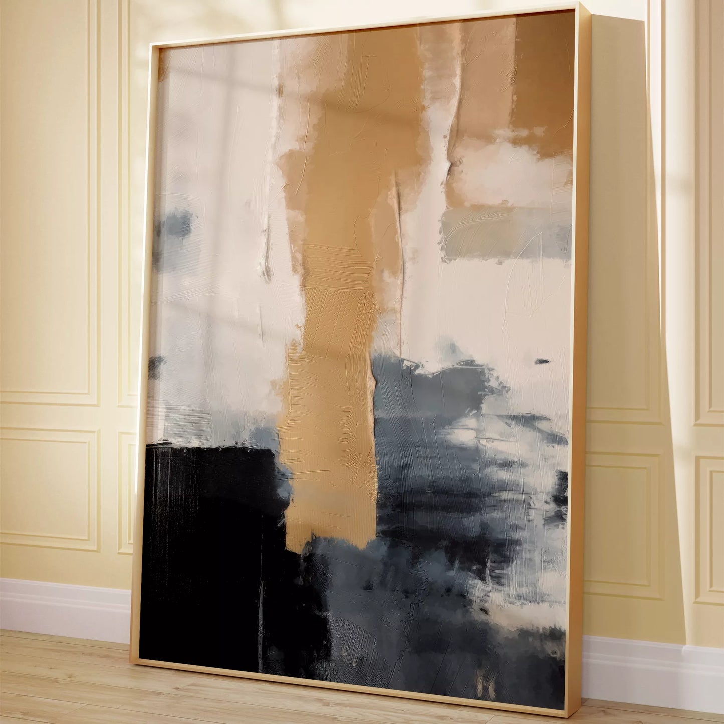 抽象画のモダンなデザイン、ベージュとネイビーの調和