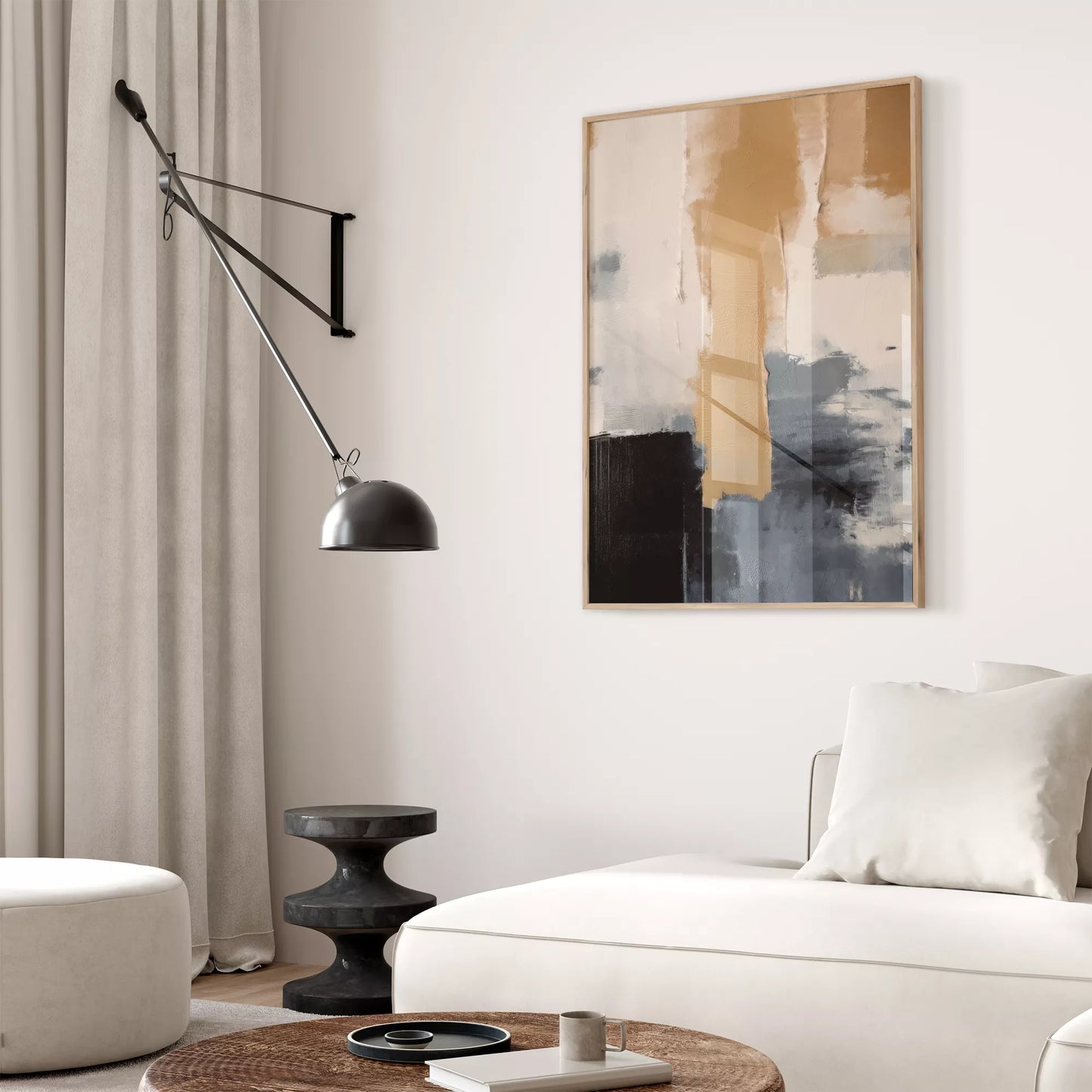 抽象画のモダンなデザイン、ベージュとネイビーの調和