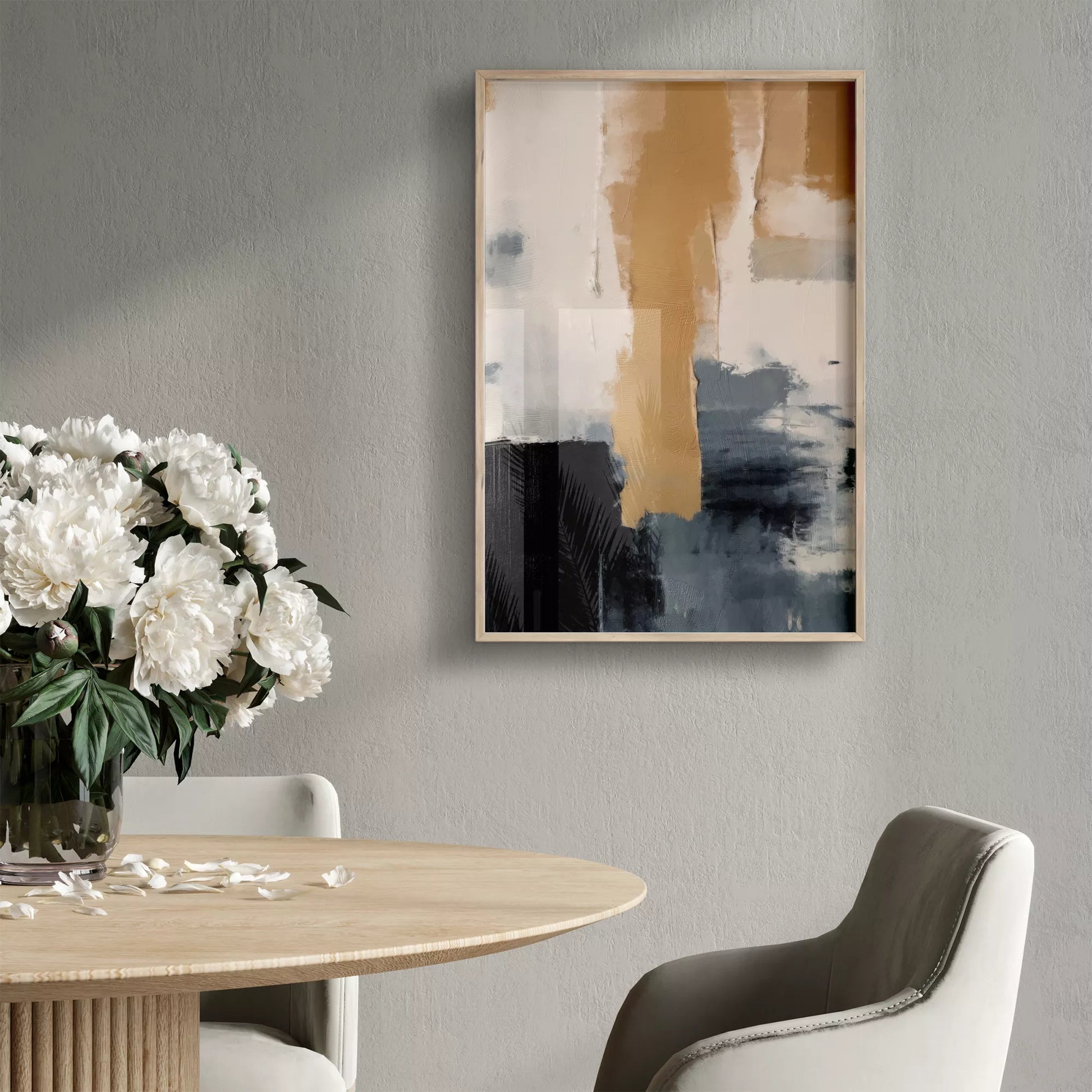 抽象画のモダンなデザイン、ベージュとネイビーの調和