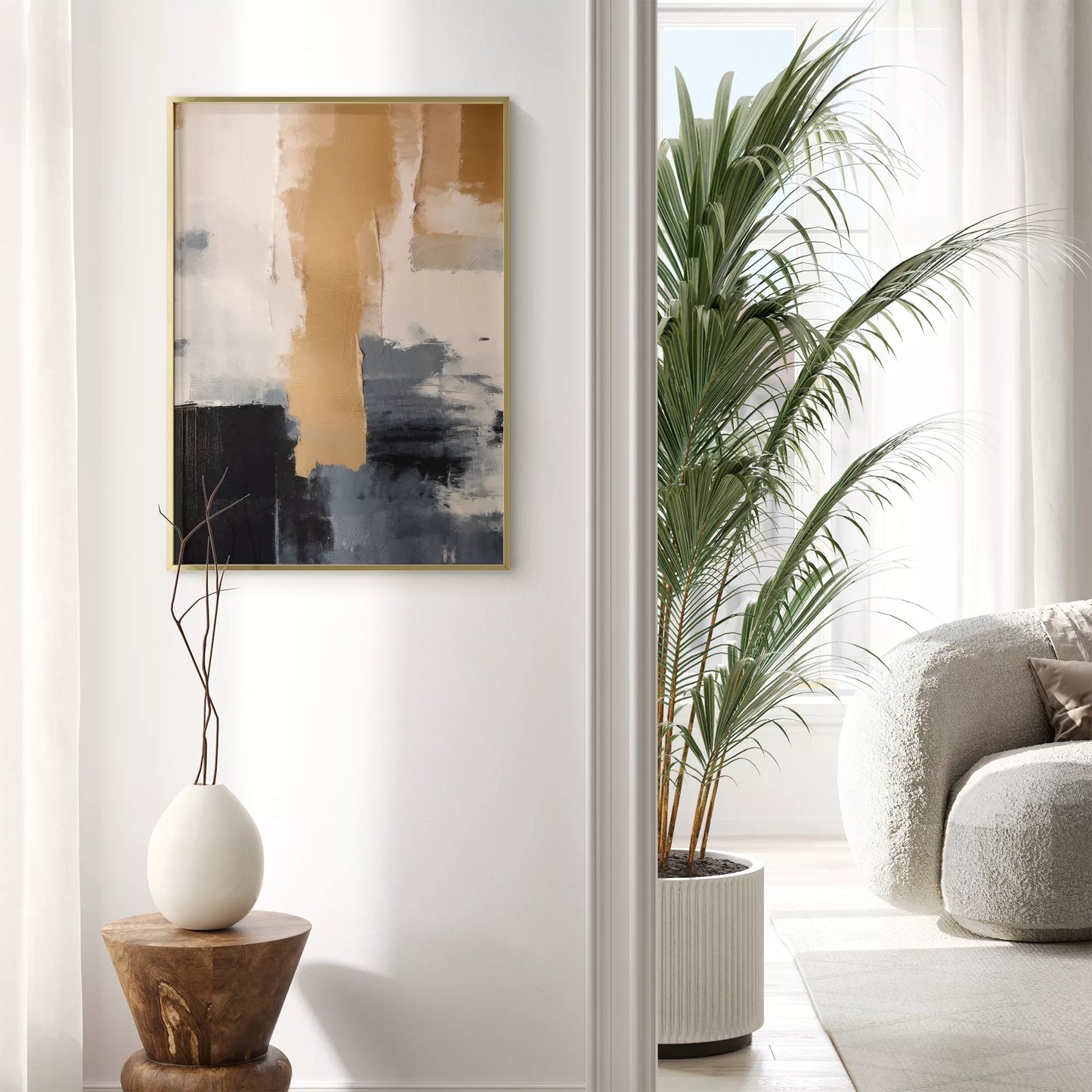 抽象画のモダンなデザイン、ベージュとネイビーの調和