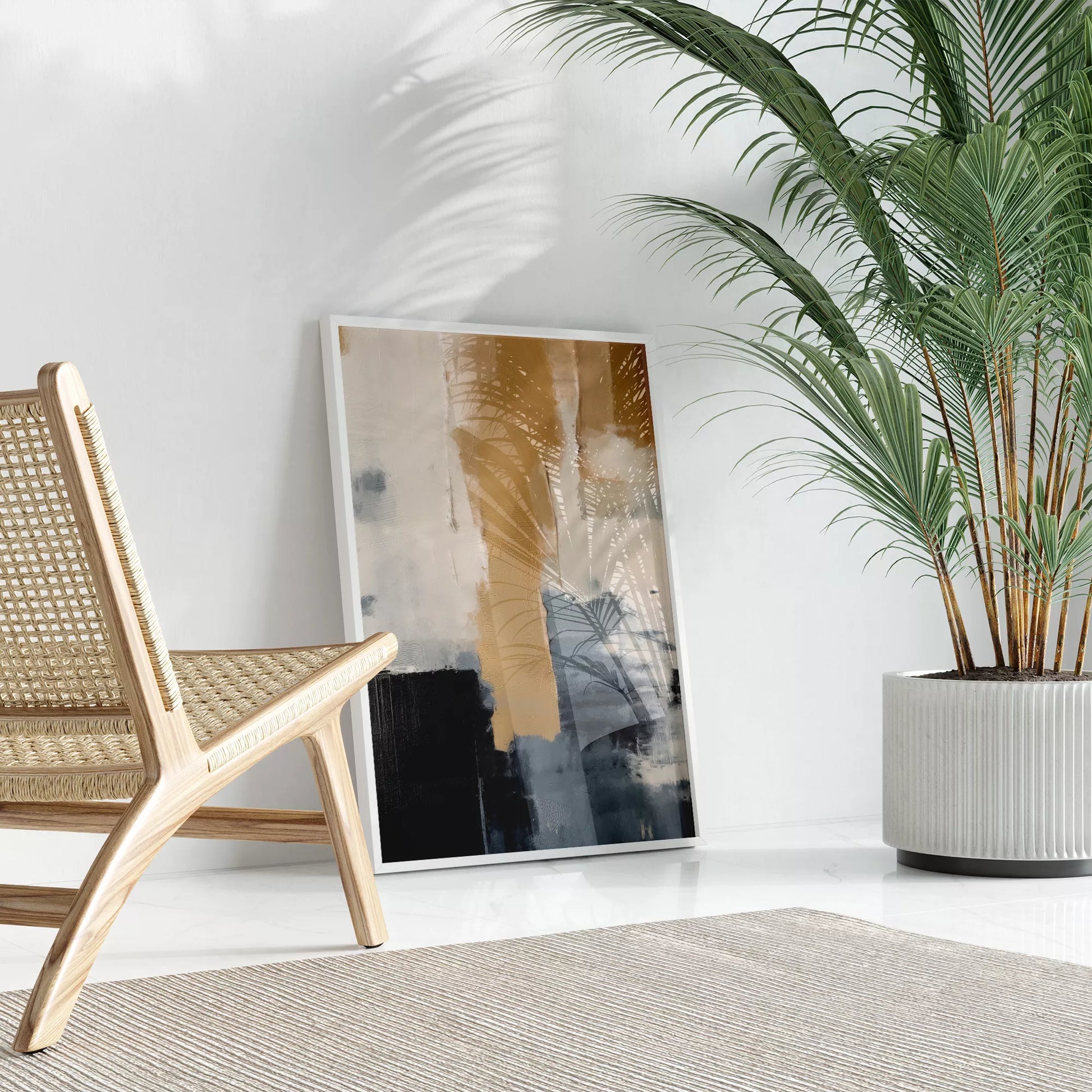 抽象画のモダンなデザイン、ベージュとネイビーの調和