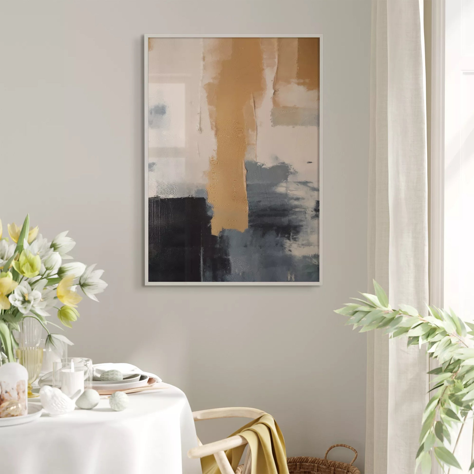 抽象画のモダンなデザイン、ベージュとネイビーの調和