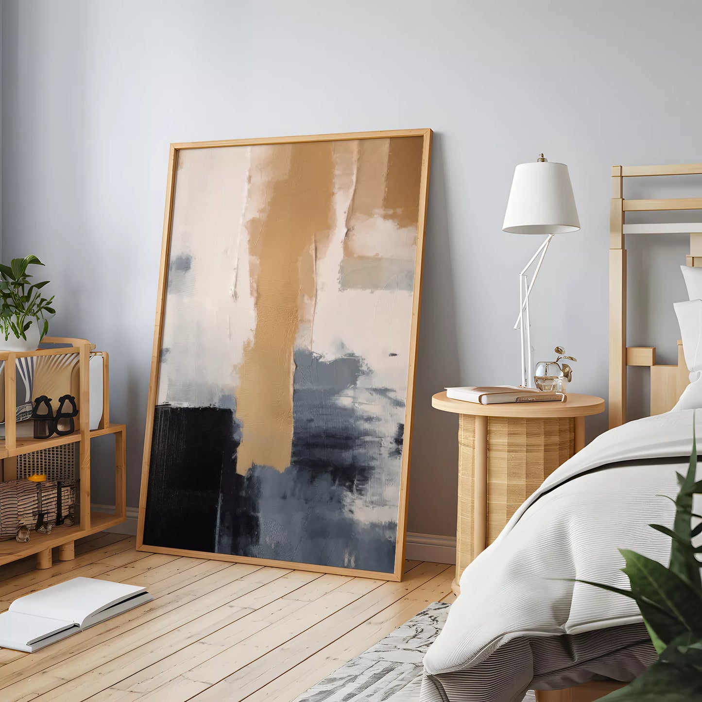 抽象画のモダンなデザイン、ベージュとネイビーの調和