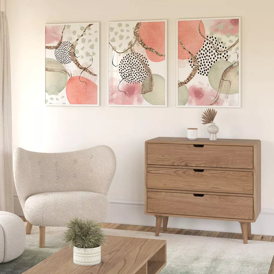 ピンクとゴールドの抽象的な水彩画アート3枚セット、幾何学模様とドット柄