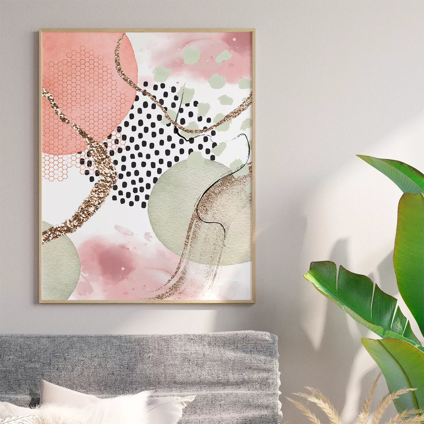 ピンクとゴールドの抽象的な水彩画アート3枚セット、幾何学模様とドット柄