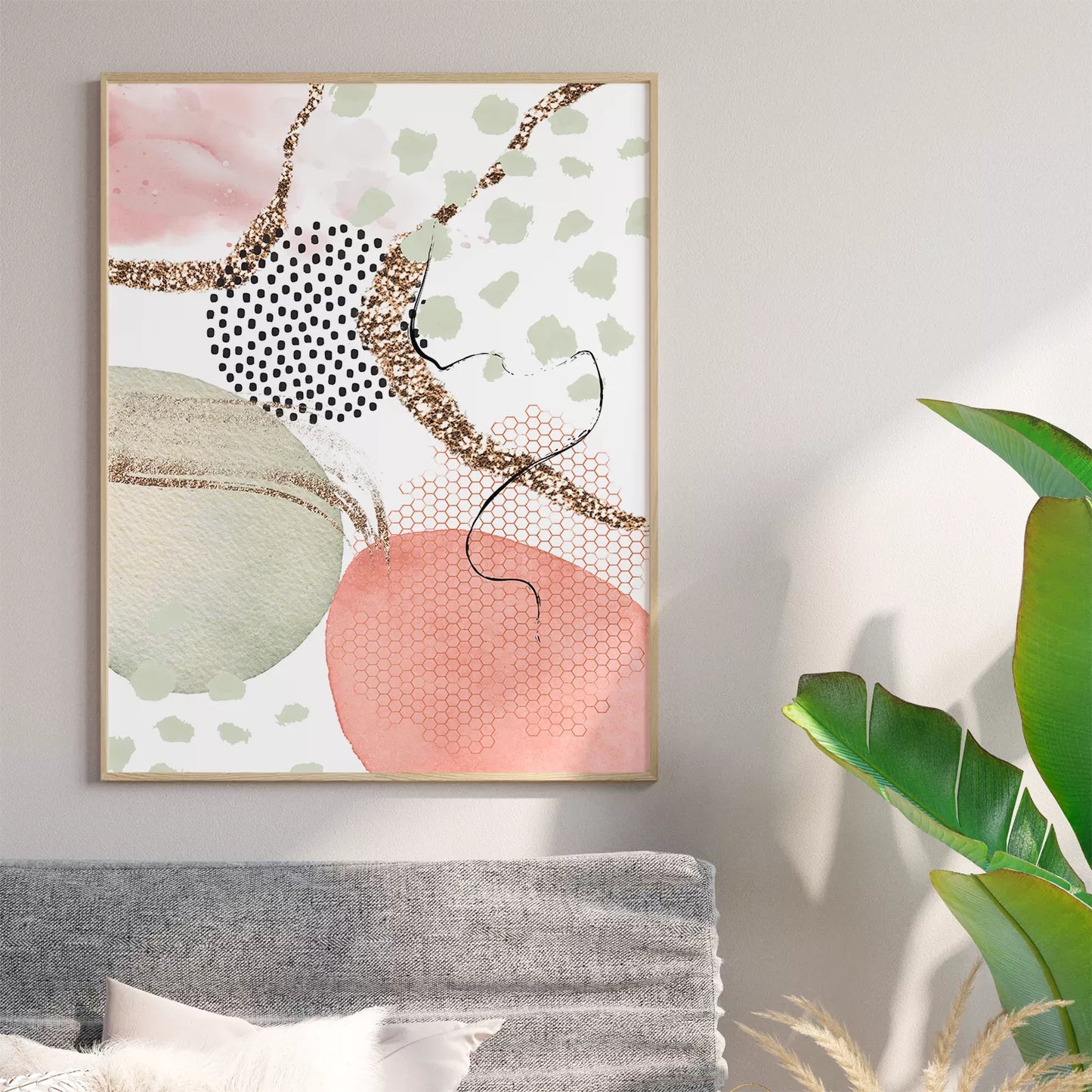 ピンクとゴールドの抽象的な水彩画アート3枚セット、幾何学模様とドット柄