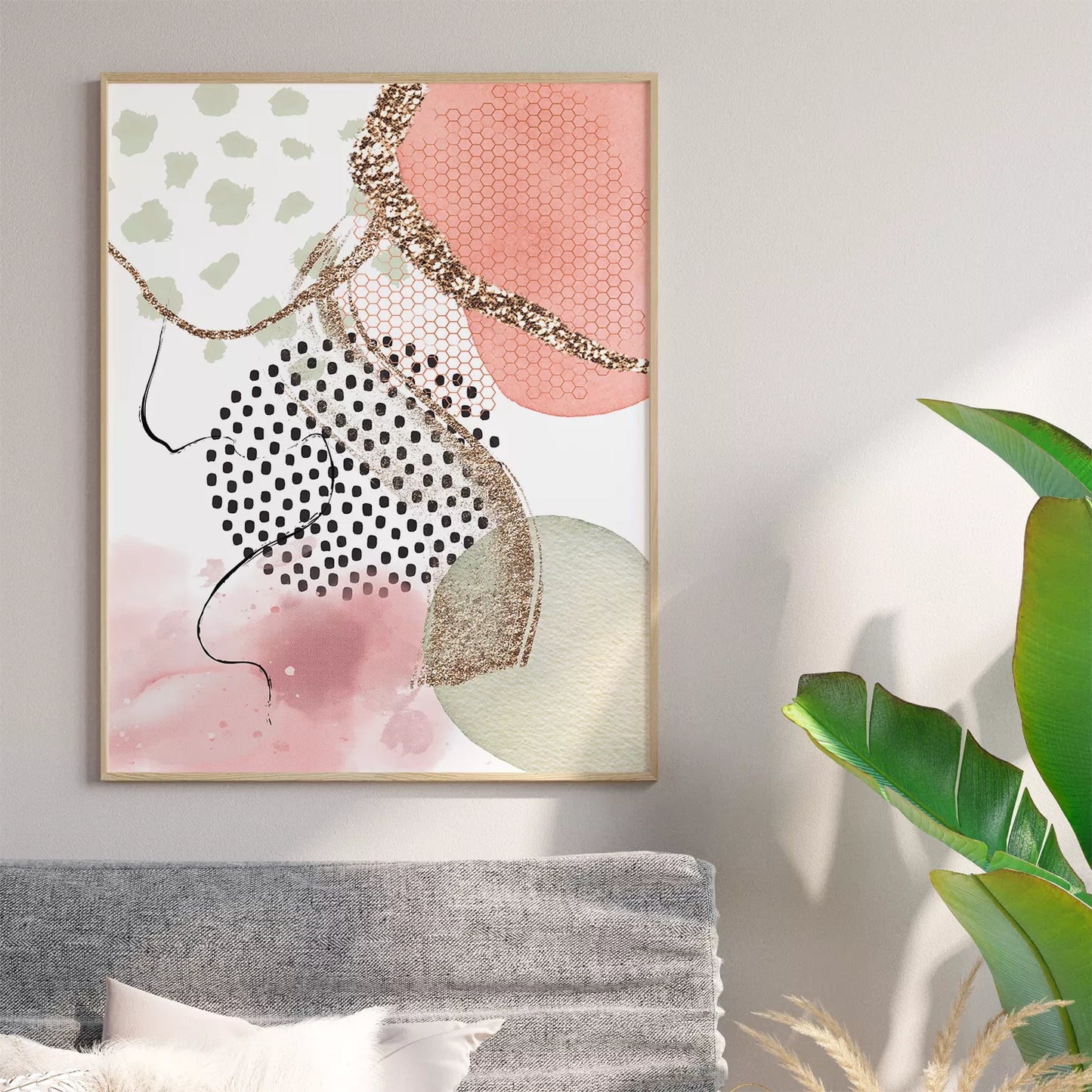 ピンクとゴールドの抽象的な水彩画アート3枚セット、幾何学模様とドット柄