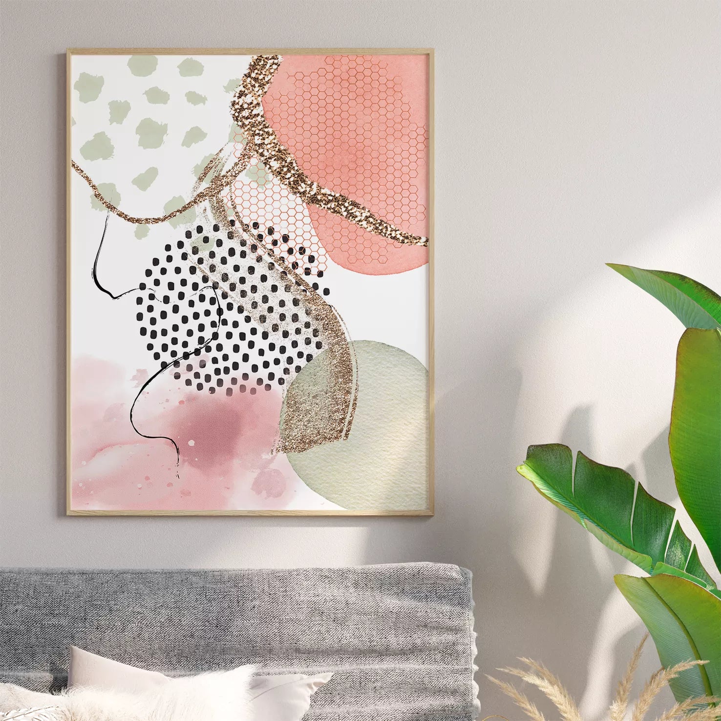 ピンクとゴールドの抽象的な水彩画アート3枚セット、幾何学模様とドット柄