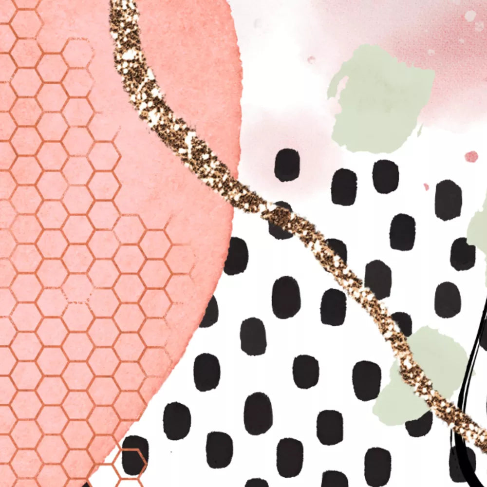 ピンクとゴールドの抽象的な水彩画アート3枚セット、幾何学模様とドット柄