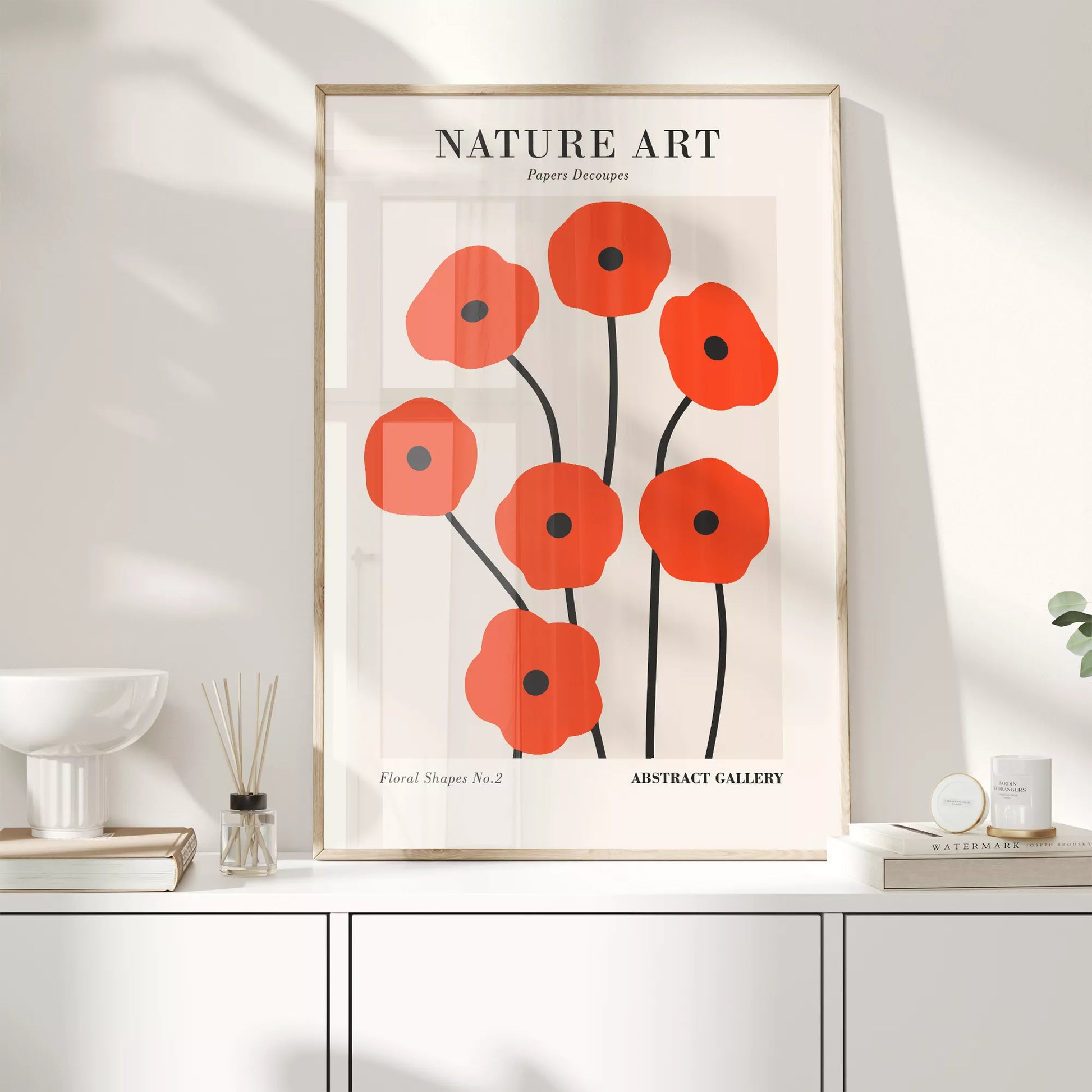 赤い抽象的なポピーの花のミニマリストアートポスター、モダンなデザインの壁掛けアート