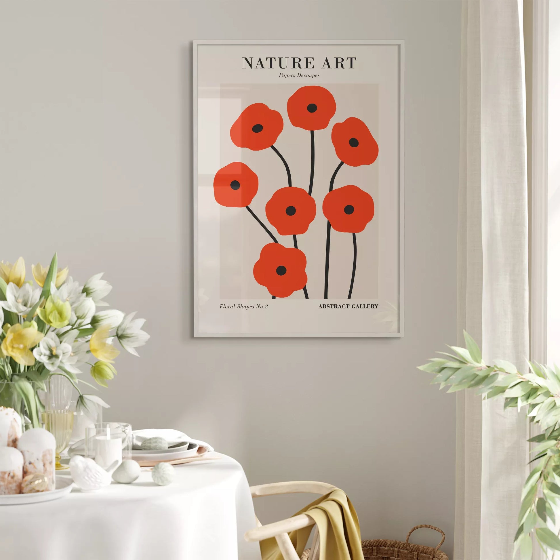 赤い抽象的なポピーの花のミニマリストアートポスター、モダンなデザインの壁掛けアート