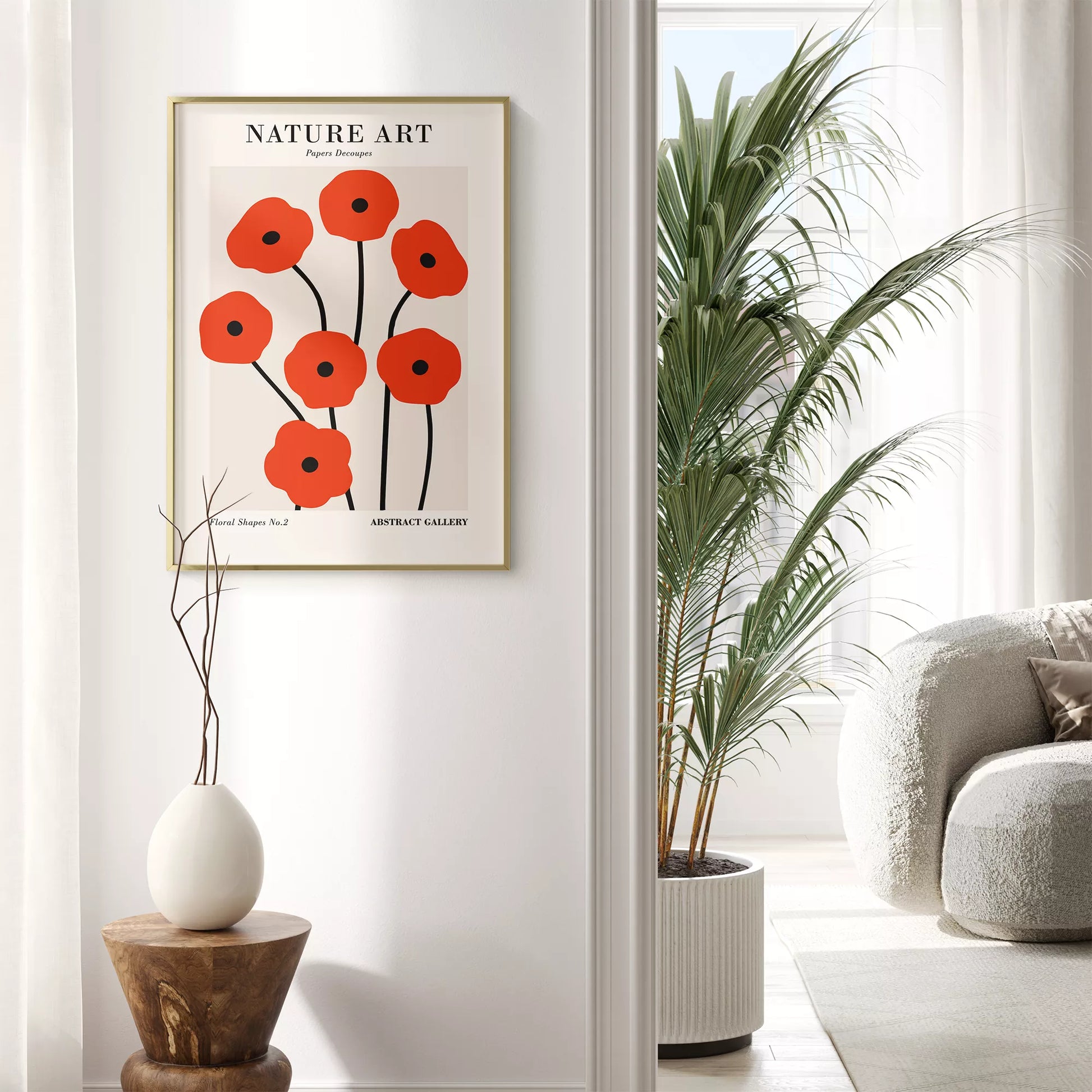 赤い抽象的なポピーの花のミニマリストアートポスター、モダンなデザインの壁掛けアート