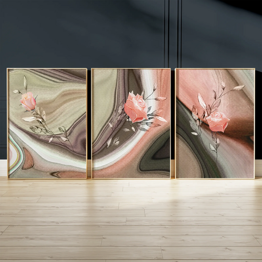 パステルピンクローズとマーブル調の高級感ある抽象アートポスター 北欧モダン 3枚セット