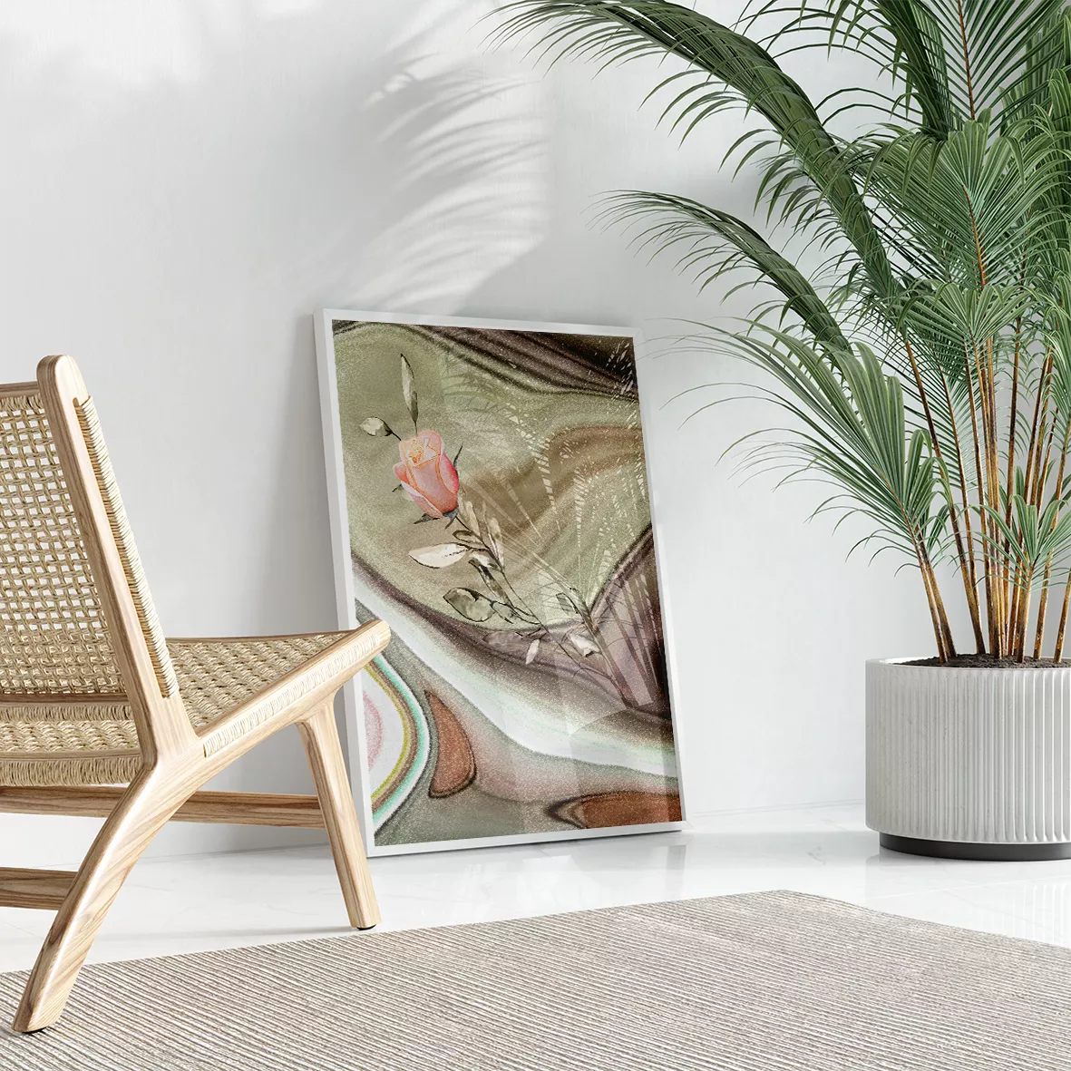 マーブル調背景に咲くサーモンピンクのバラ抽象画トリプティック