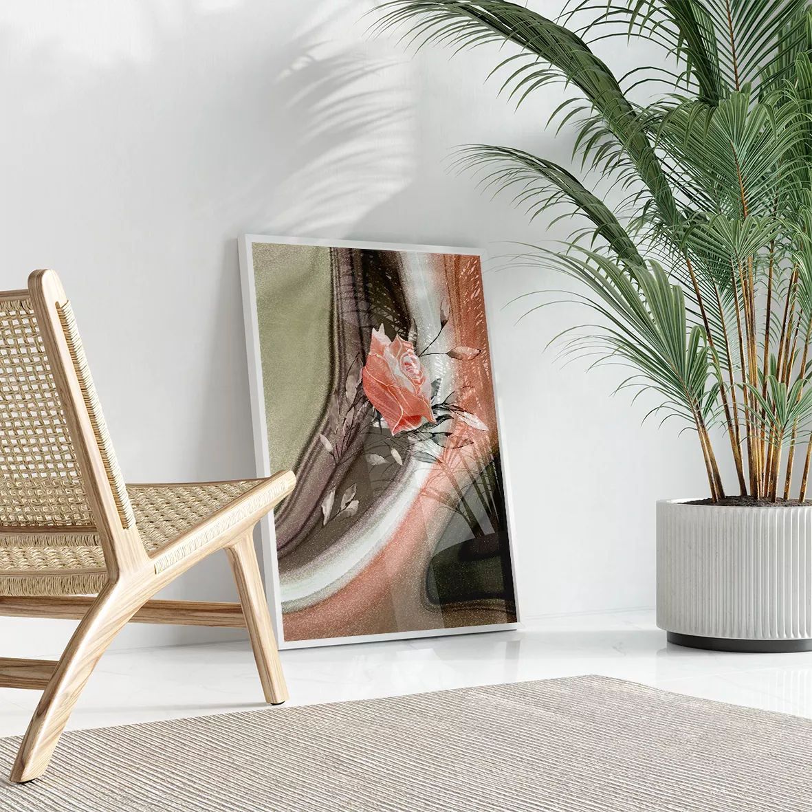 マーブル調背景に咲くサーモンピンクのバラ抽象画トリプティック