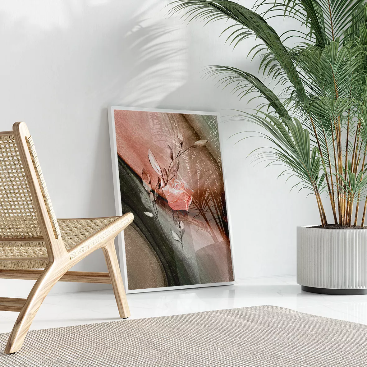 マーブル調背景に咲くサーモンピンクのバラ抽象画トリプティック