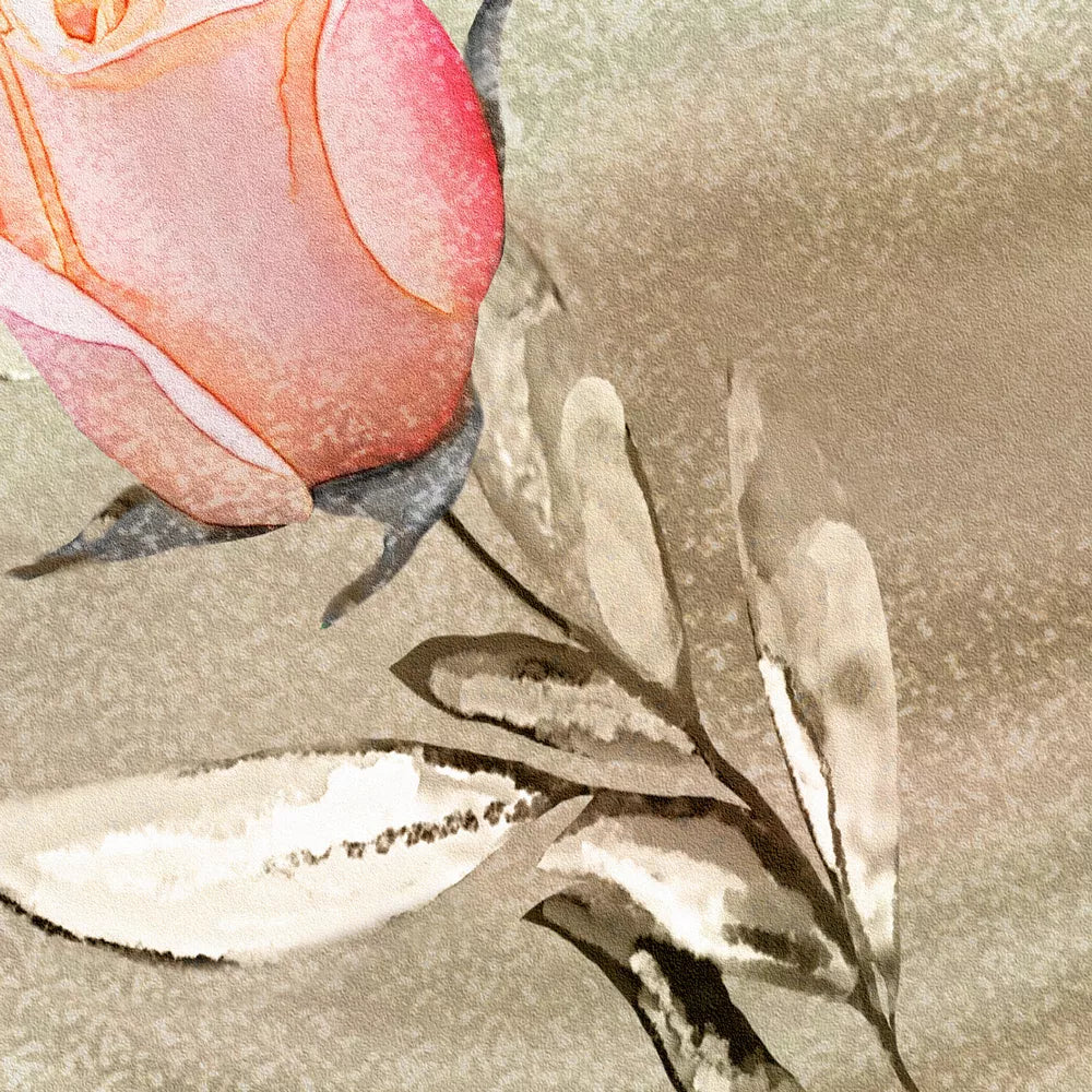 マーブル調背景に咲くサーモンピンクのバラ抽象画トリプティック