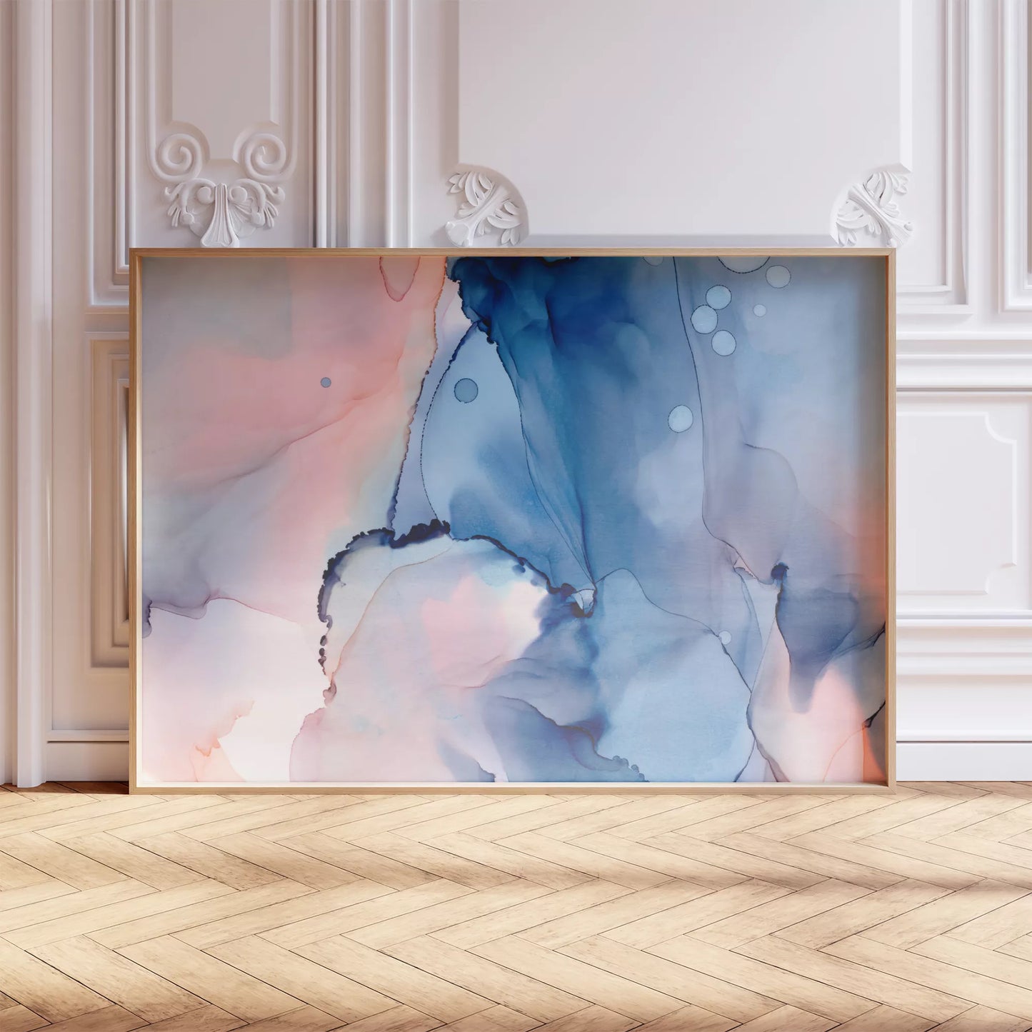 青とピンクの水彩画風マーブルアート、抽象的な現代アート