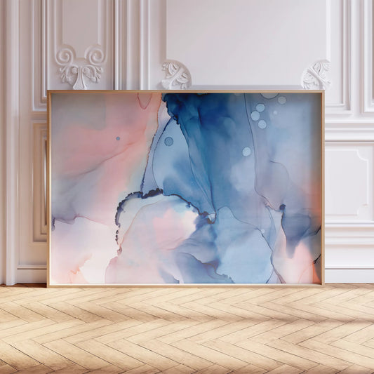 青とピンクの水彩画風マーブルアート、抽象的な現代アート