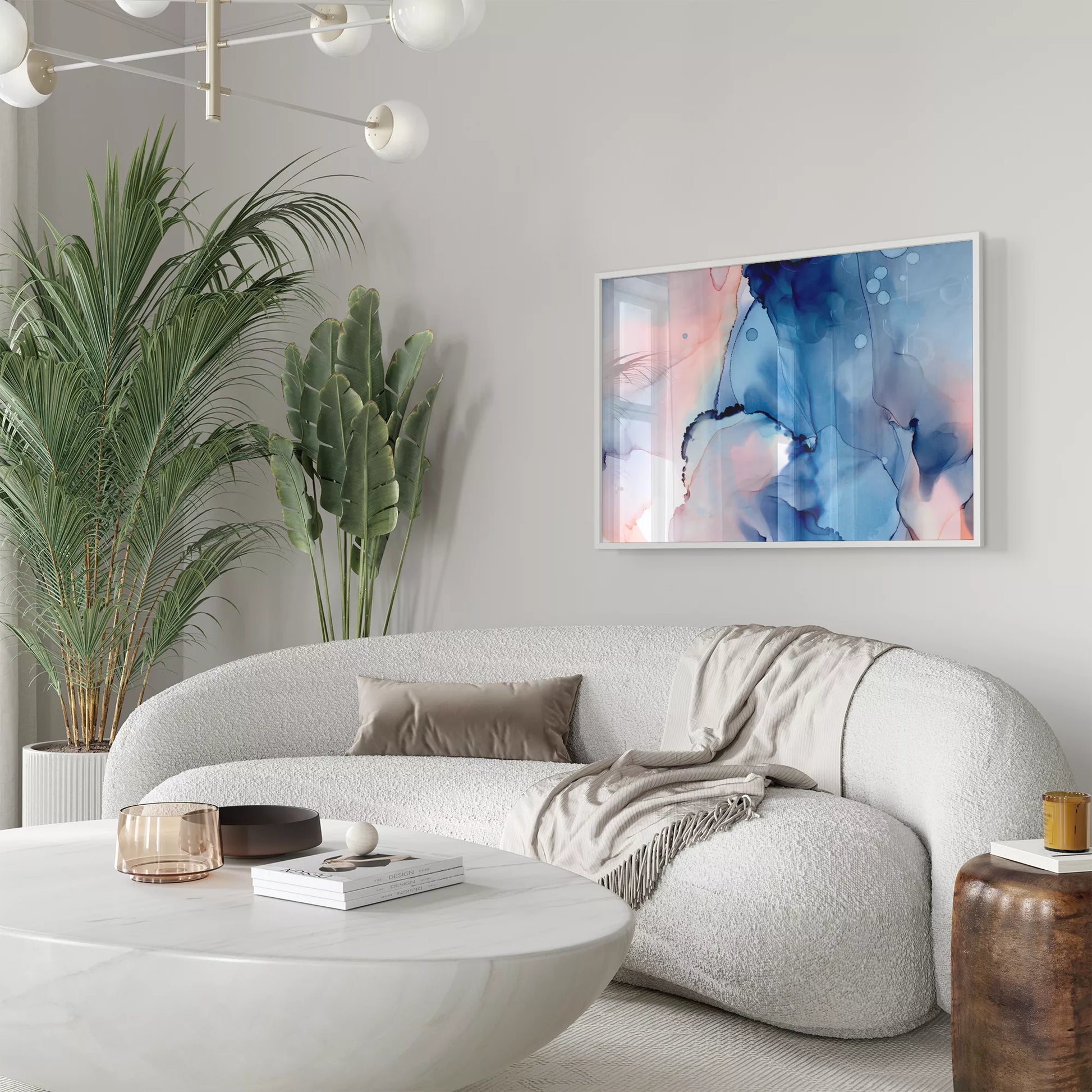 青とピンクの水彩画風マーブルアート、抽象的な現代アート