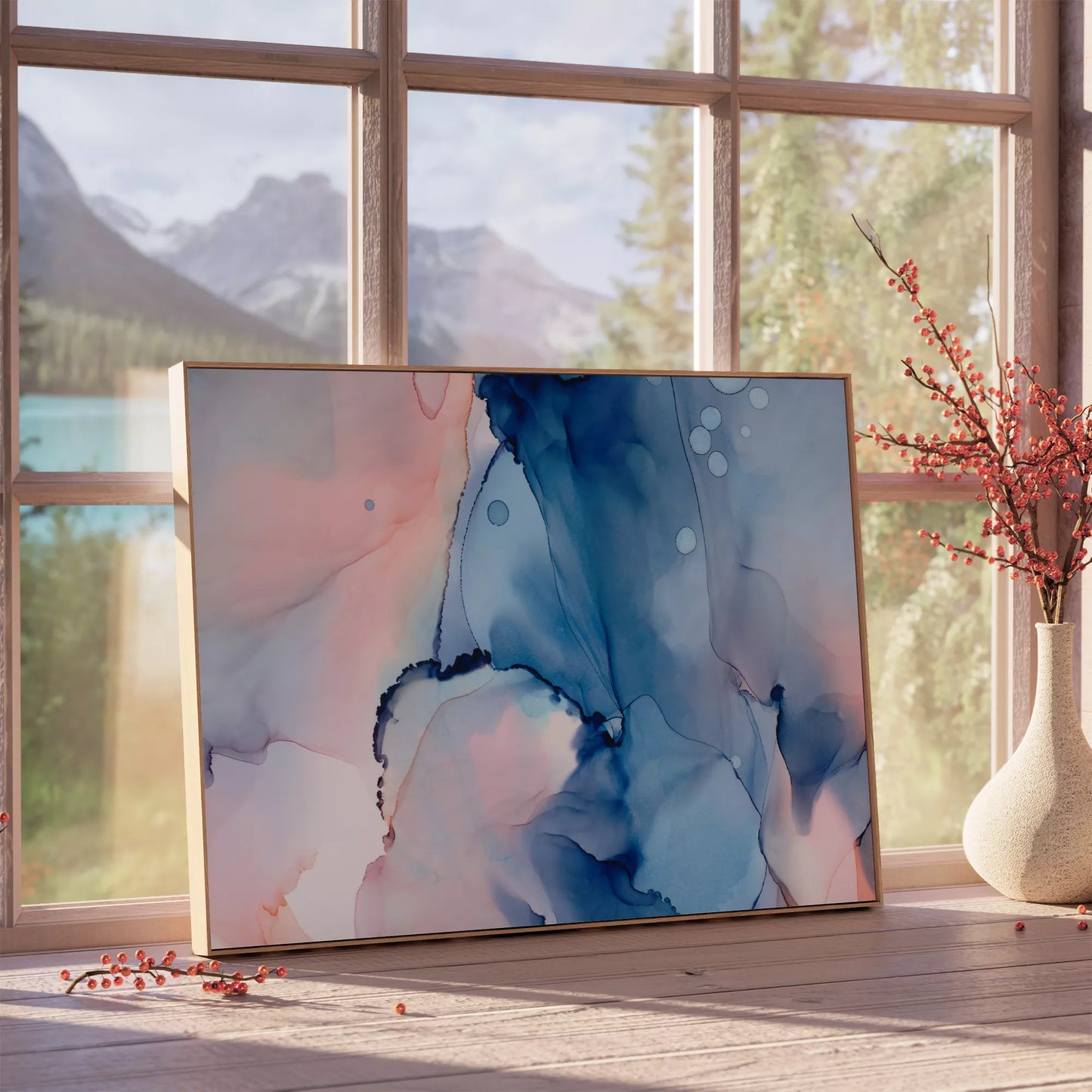 青とピンクの水彩画風マーブルアート、抽象的な現代アート