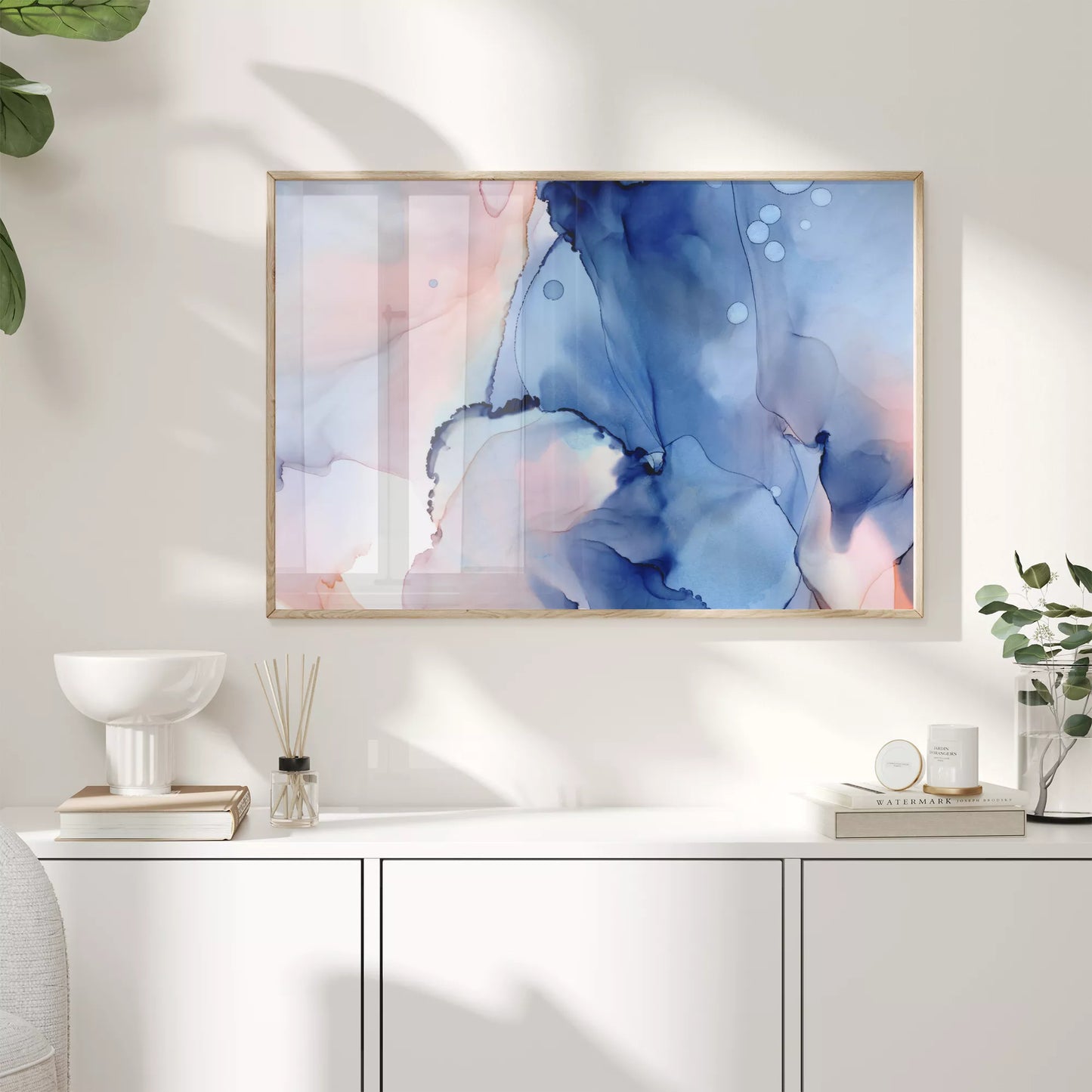 青とピンクの水彩画風マーブルアート、抽象的な現代アート