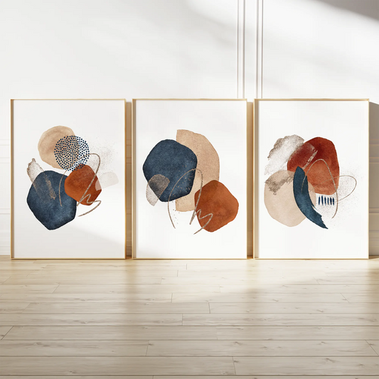 抽象的なネイビーとテラコッタのウォーターカラーデザイン アートポスター 北欧モダンインテリア 3枚セット