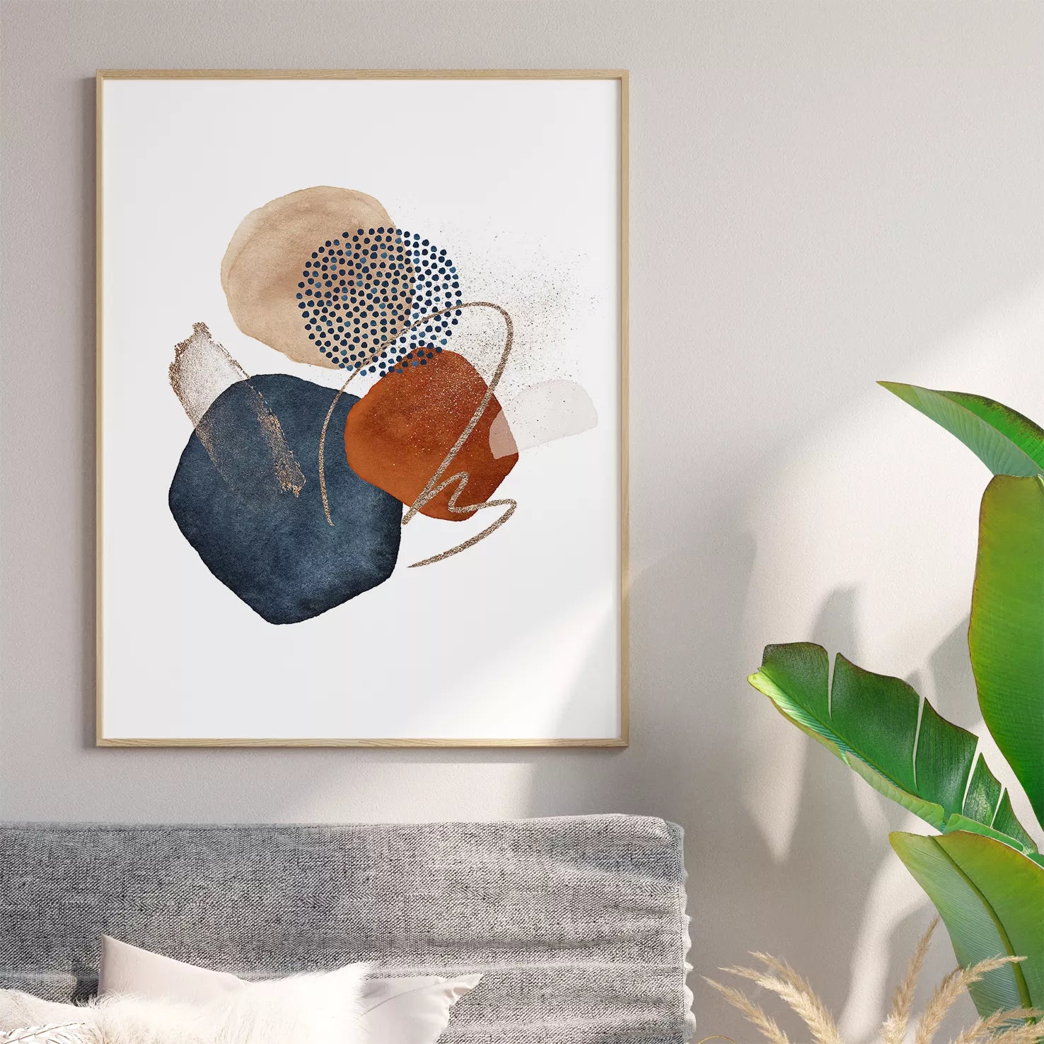 和モダン水彩画抽象サークルアート、ネイビーとテラコッタの3点セット