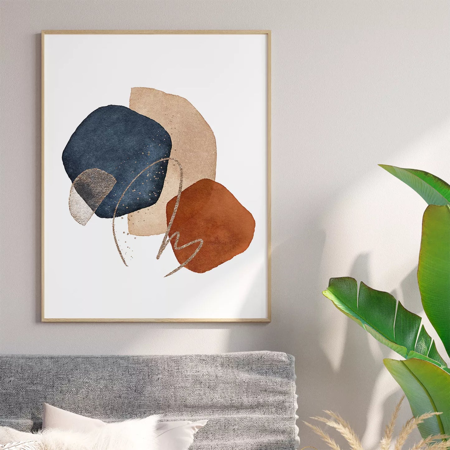 和モダン水彩画抽象サークルアート、ネイビーとテラコッタの3点セット